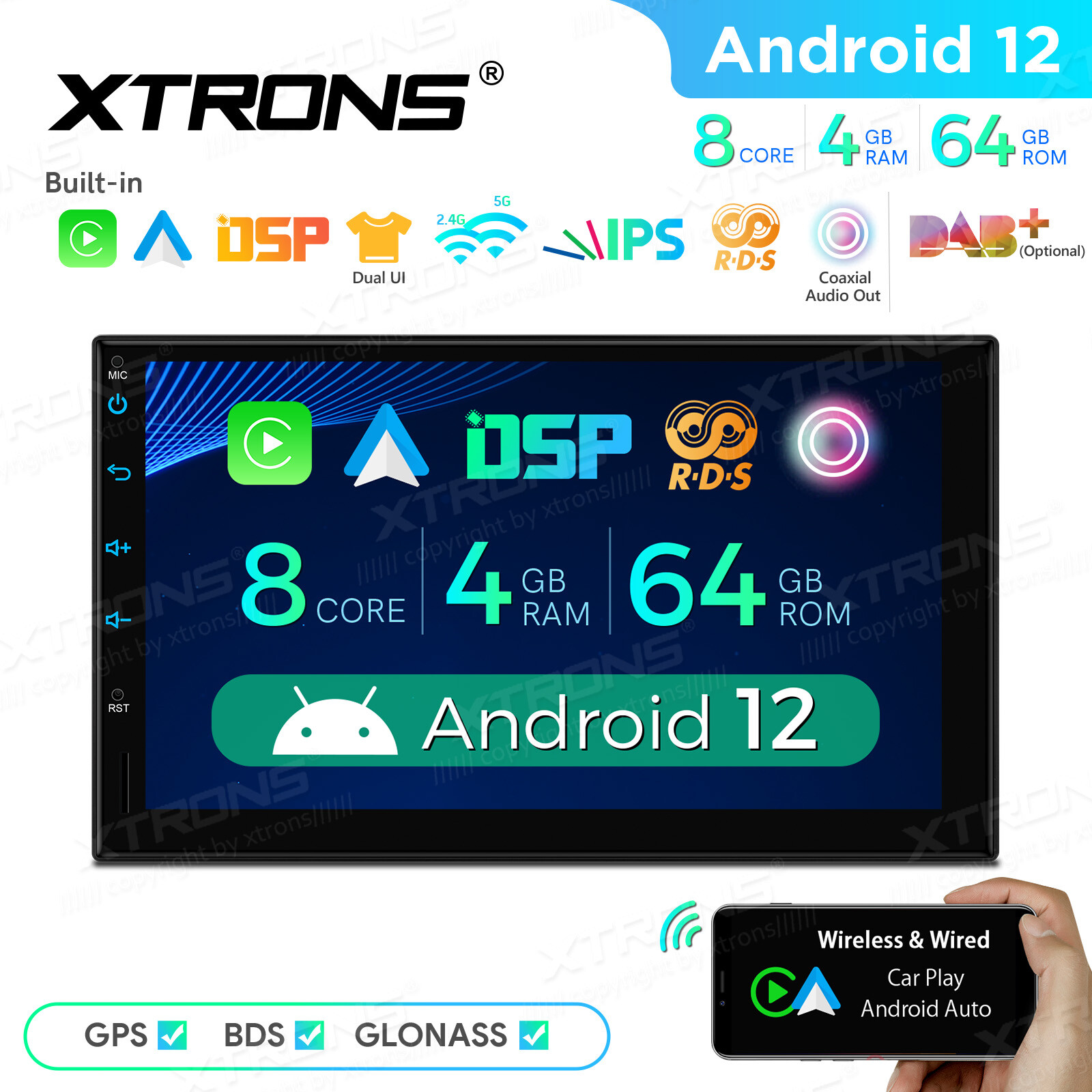 2 DIN 7″ Android 12 8-Core 4+64GB IPS Car Stereo GPS Radio CarPlay DSP WiFi SWC