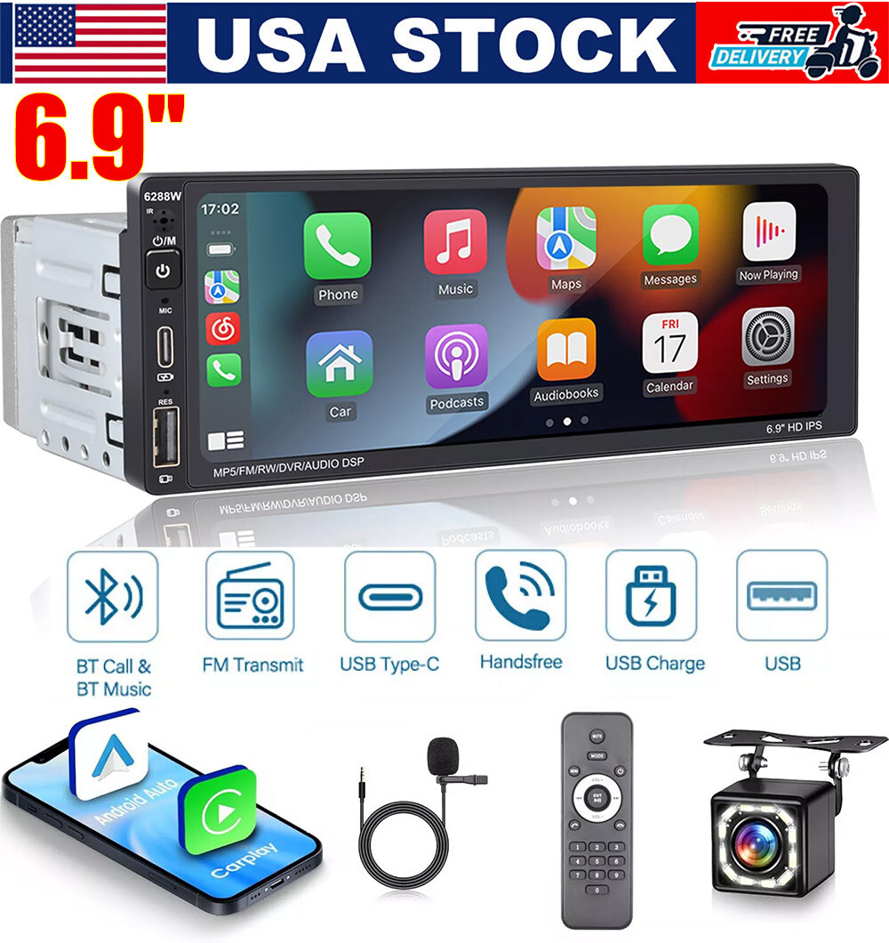Single Din Car Stereo Wireless Apple CarPlay 6.9 touchscreen Bluetooth Radio USB