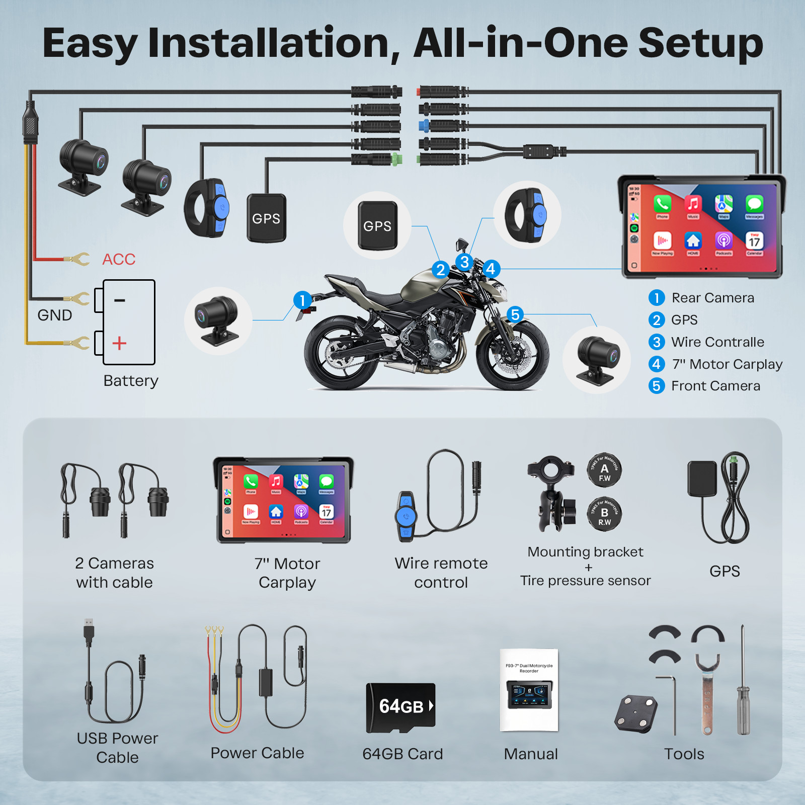 7in Motorcycle carplay Screen GPS 4K Dual Dash Camera,Bluetooth Audio BSD TPMS