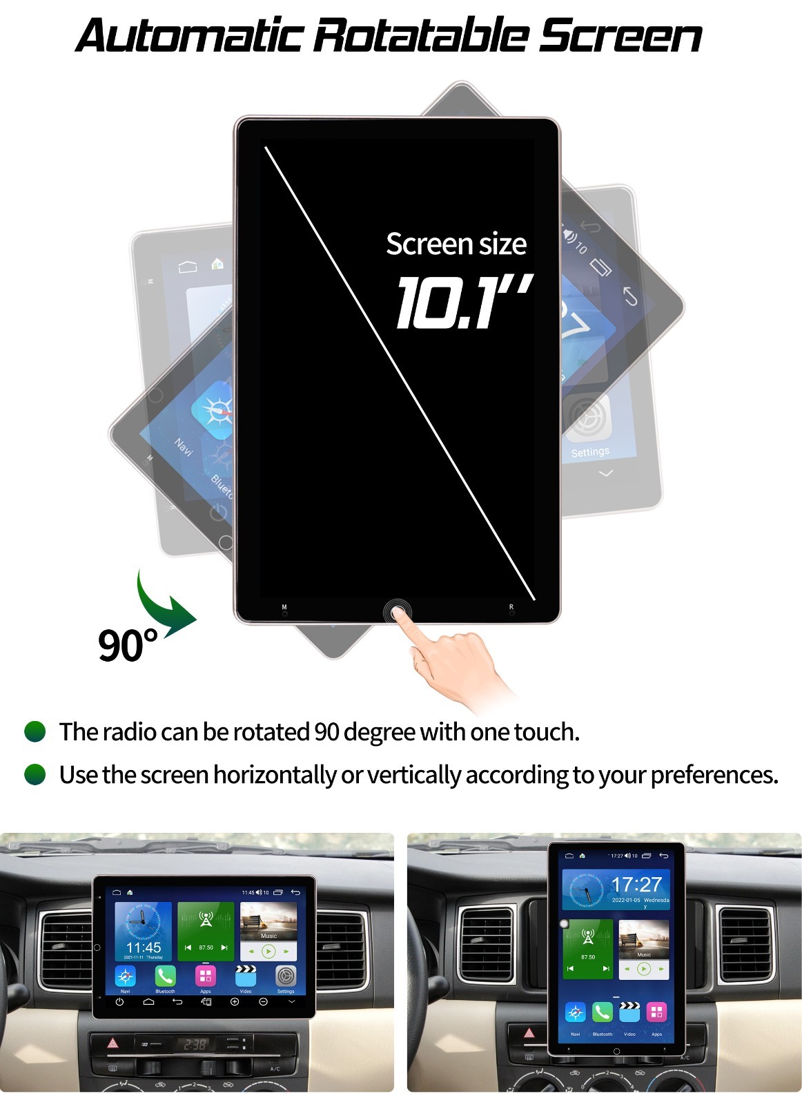 Rotatable Car Stereo Radio 2 DIN 10.1″ Touch Screen Android GPS Navi Wifi 4+64GB