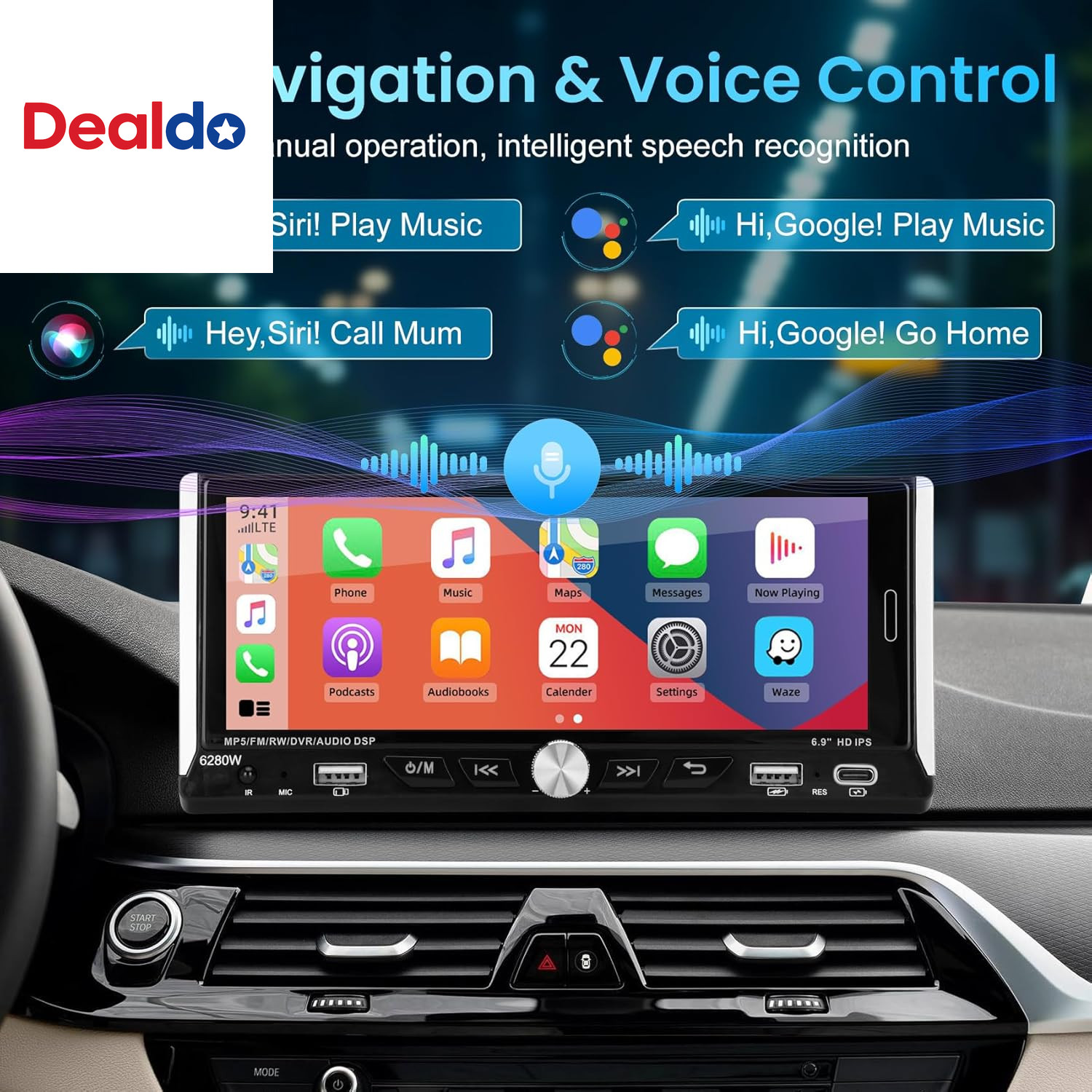 Single Din Car Stereo with Wireless Apple Carplay Android Auto, 6.9″ IPS Touchsc