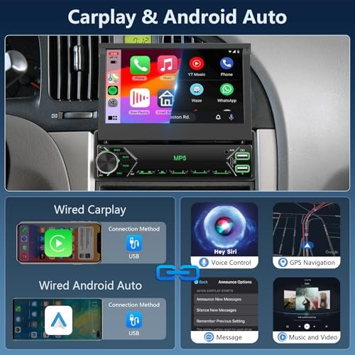 Single Din Car Stereo Wired CARPLAY Android auto, Flip Out Car Radio 7 Inch