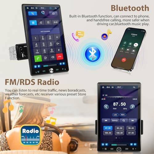 10.4 Inch Single Din Car Stereo, 2.5D Rotatable Touchscreen Auto Radio with