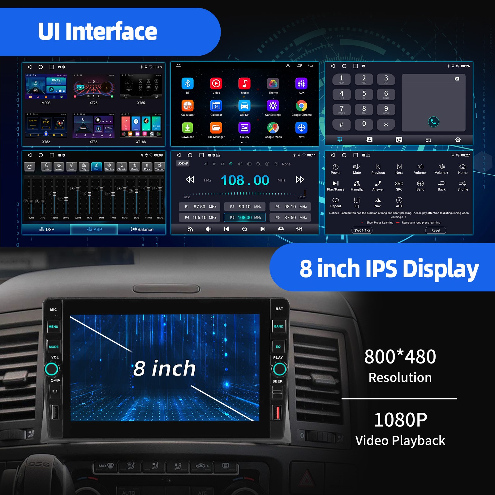 8″ 4+64GB Double 2 DIN Apple CarPlay Android 15 Car Stereo Radio GPS SWC WIFI BT