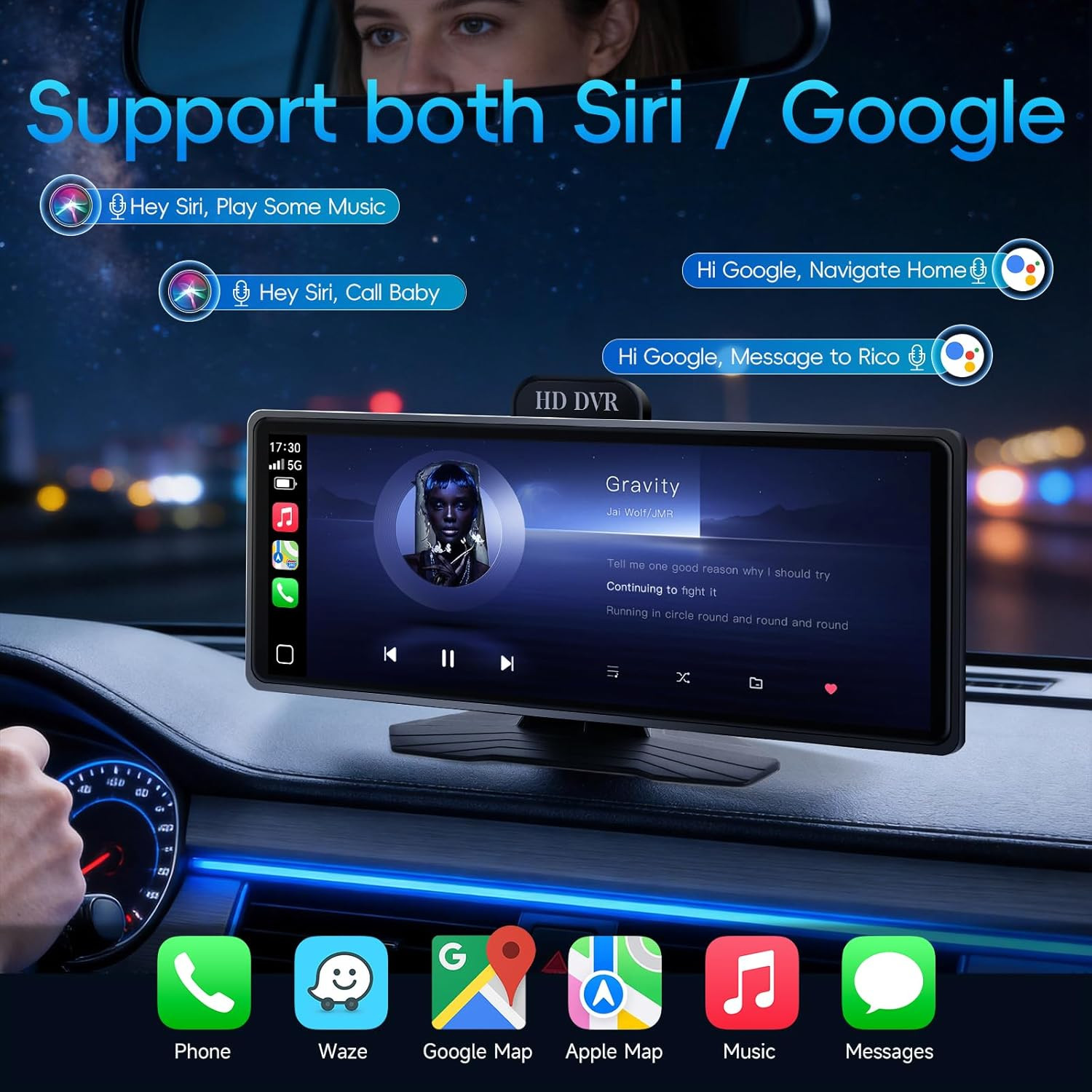 10.26″ Portable Wireless Carplay & Android Auto Display with Dash Cam & Backup C