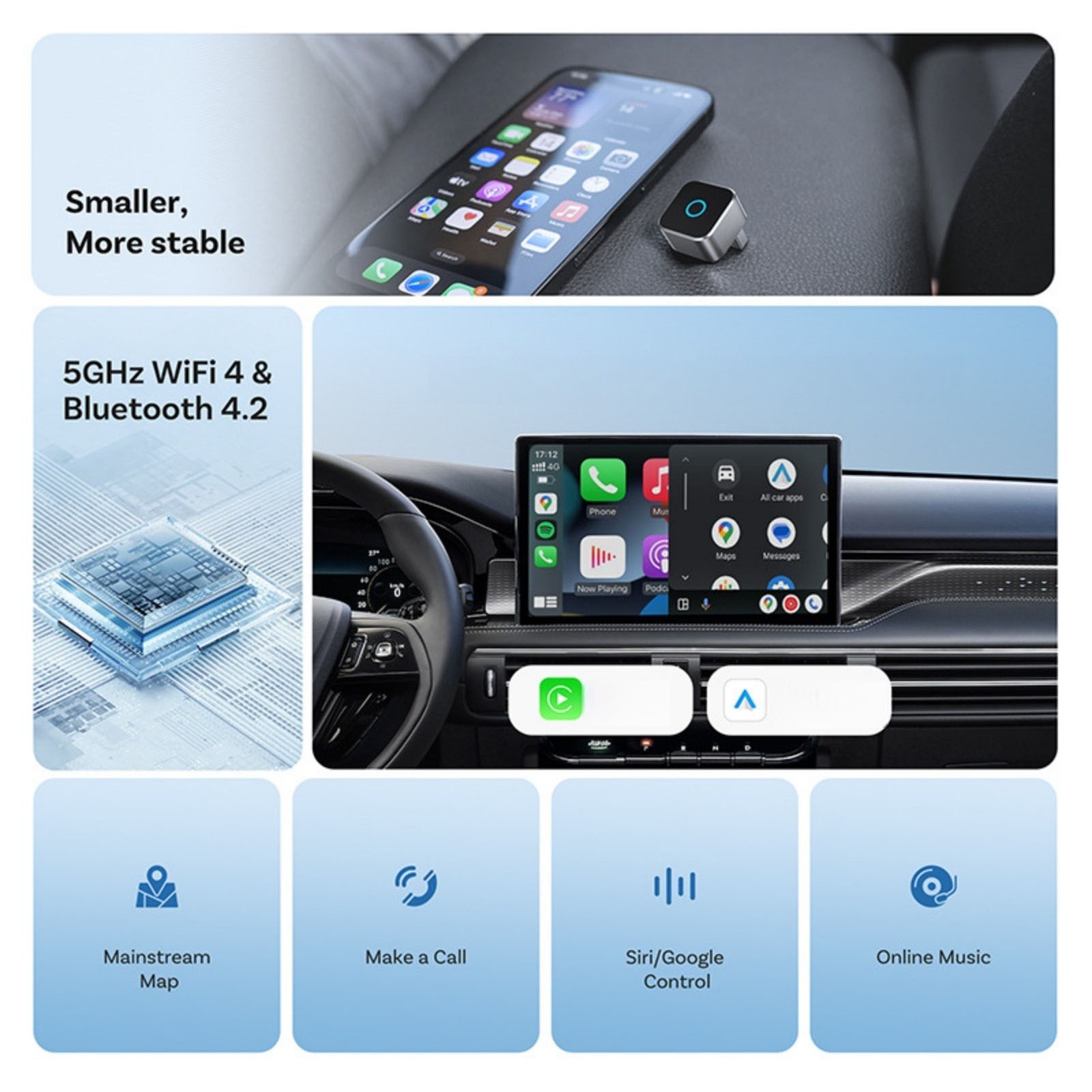 Wireless for CarPlay Dongle for Android Auto USB Adapter Bluetooth 4.2 Connector
