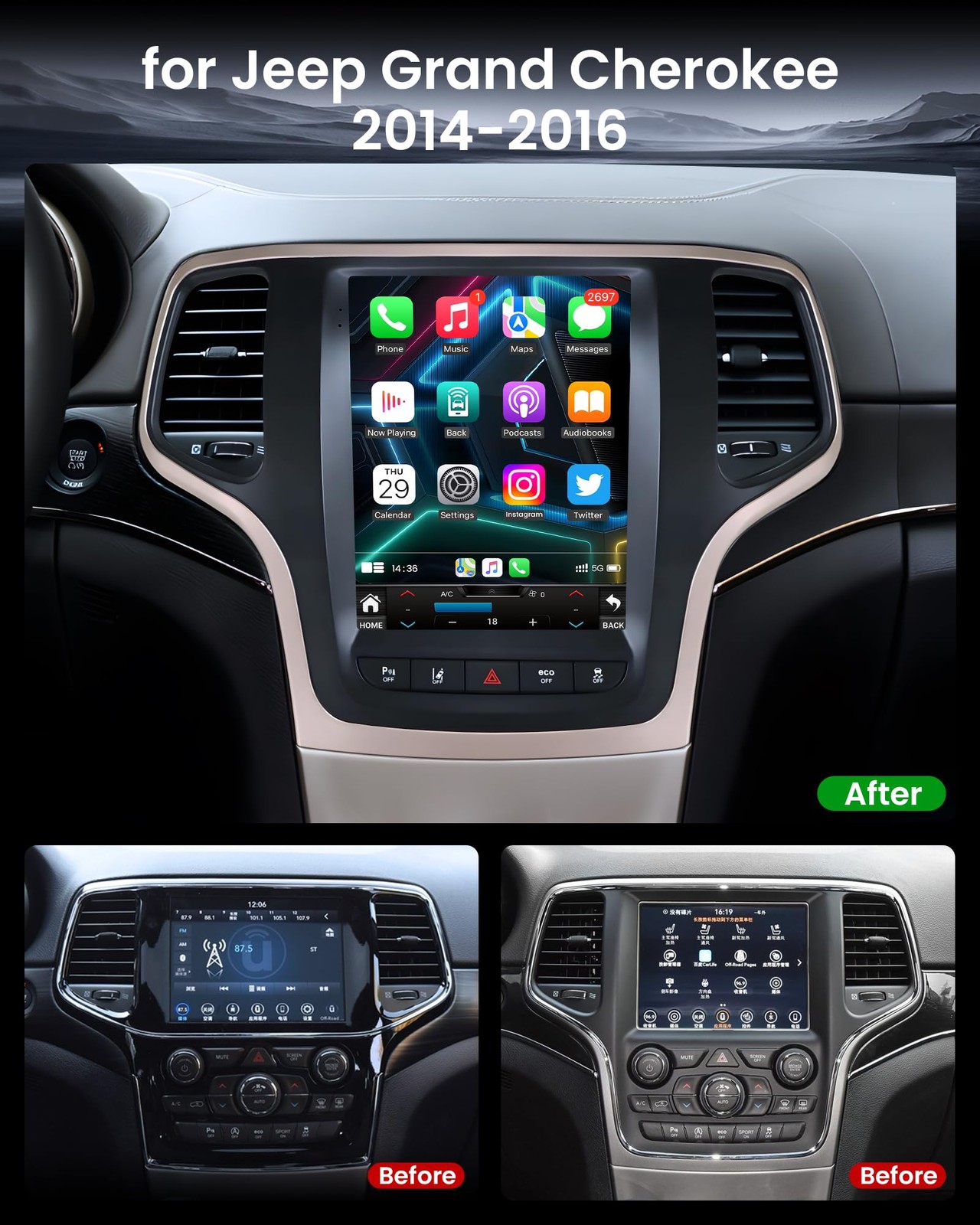 4Core 64G Android Carplay Car Radio GPS FM for Jeep Grand Cherokee WK 2014-2016