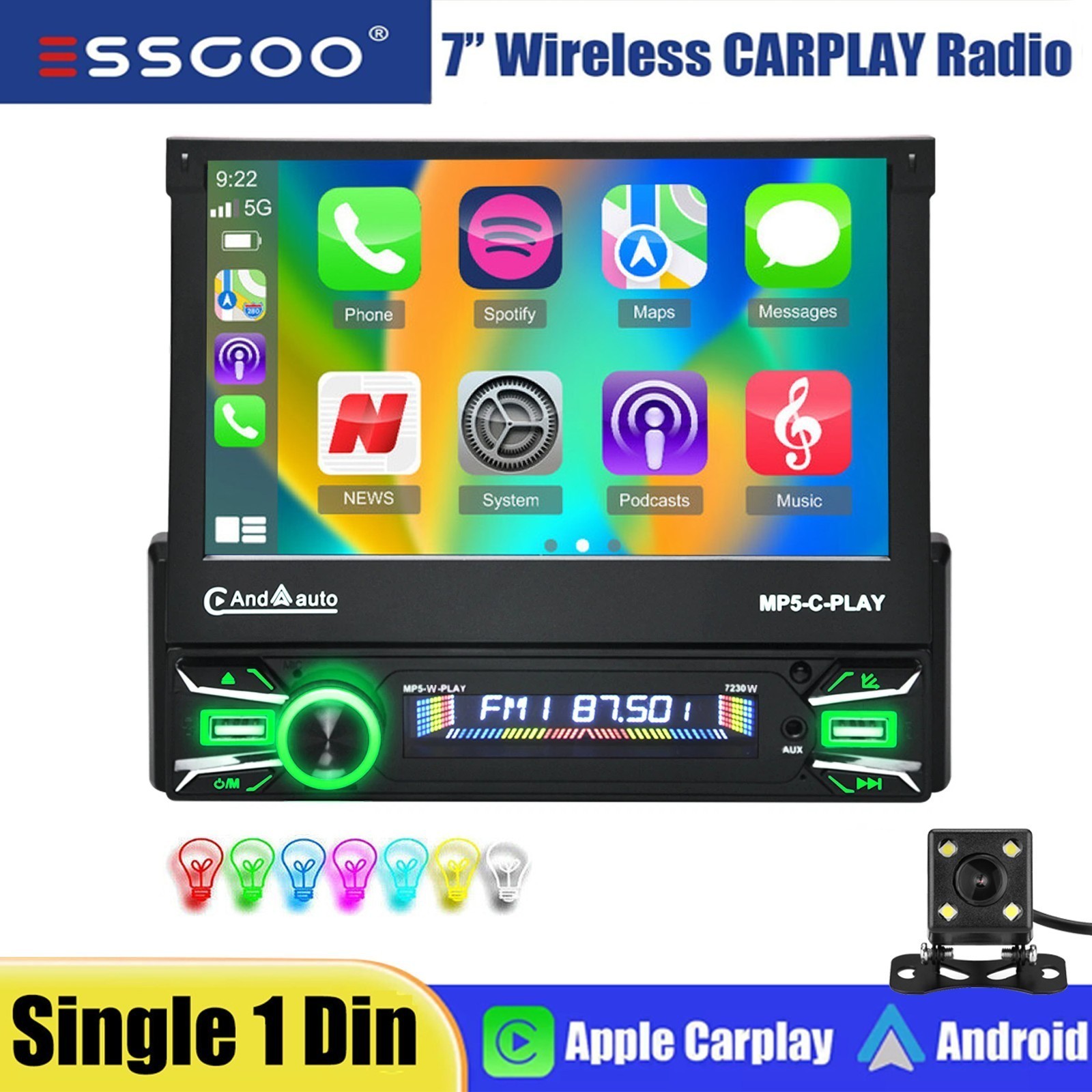 7″ Single DIN Andriod Auto Apple CarPlay Bluetooth Flip Out Touch HD Screen+CAM
