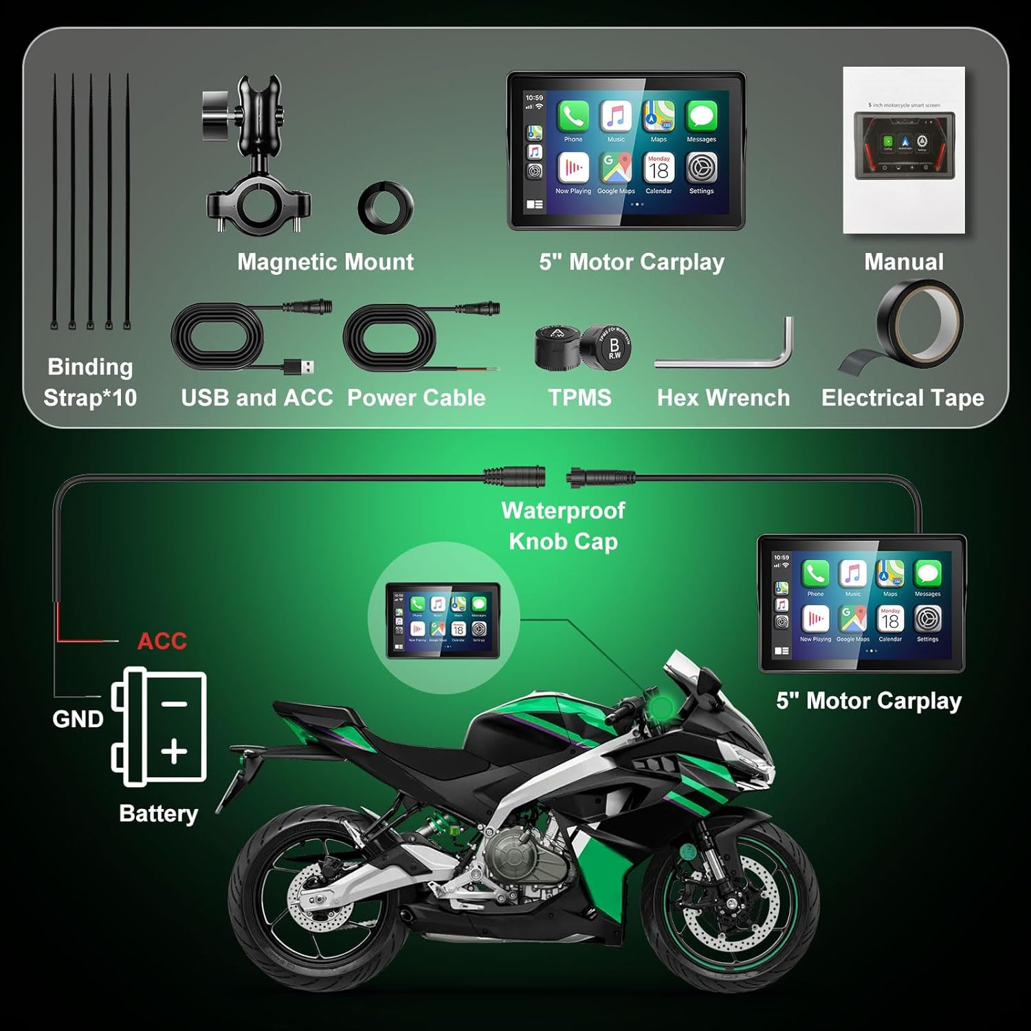 2026 GPS Carplay 5 Inch for Motorcycle with TPMS, Wireless Carplay & Android Au
