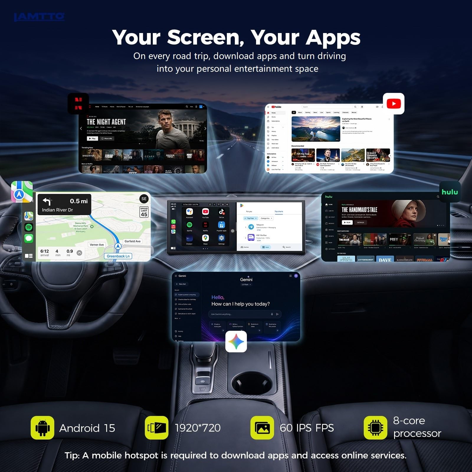 11″ Wireless CarPlay Android Auto GPS Car Stereo Screen 1080P DVR