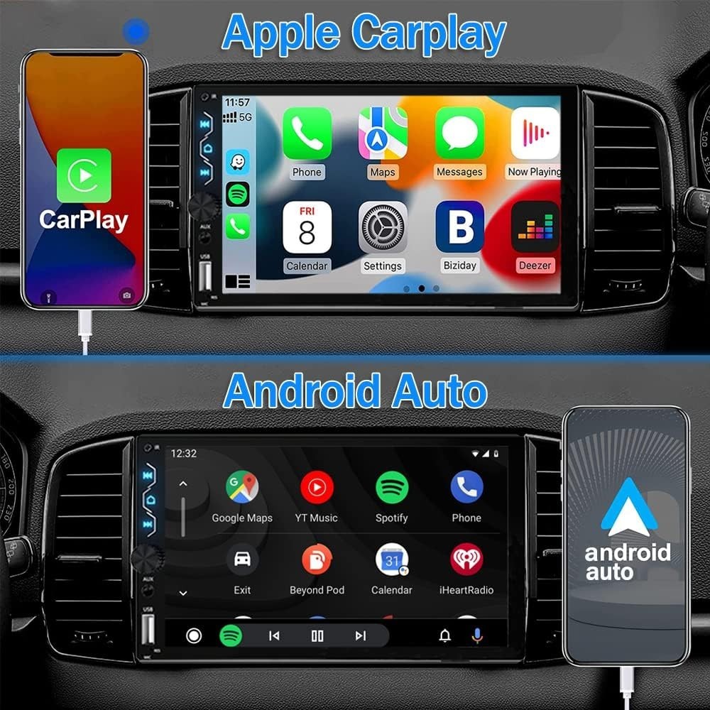 Full HD 7 Inch Double Din Car Stereo with Apple Carplay, Android Auto & Dash Cam