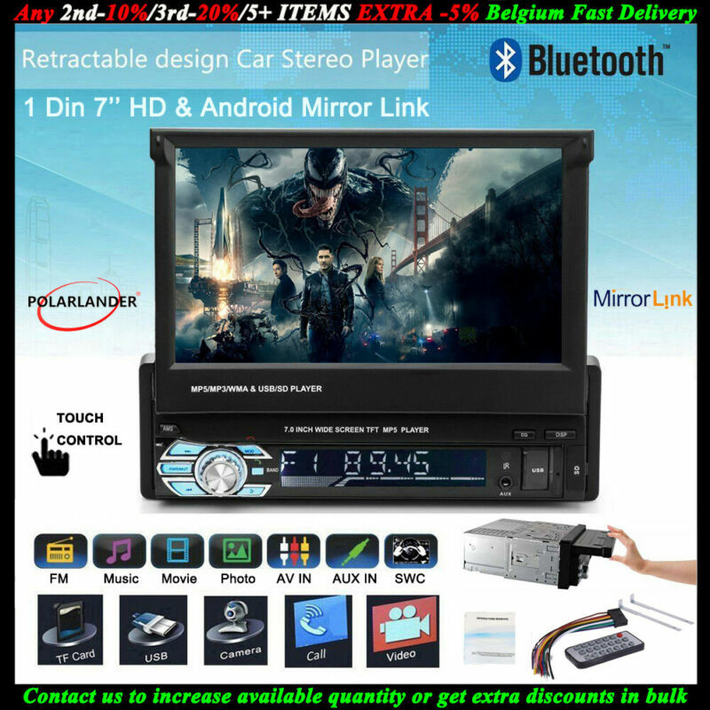 7”1 Din Car Radio SD Head Unit Touch Screen Stereo Flip Out Screen Bluetooth FM
