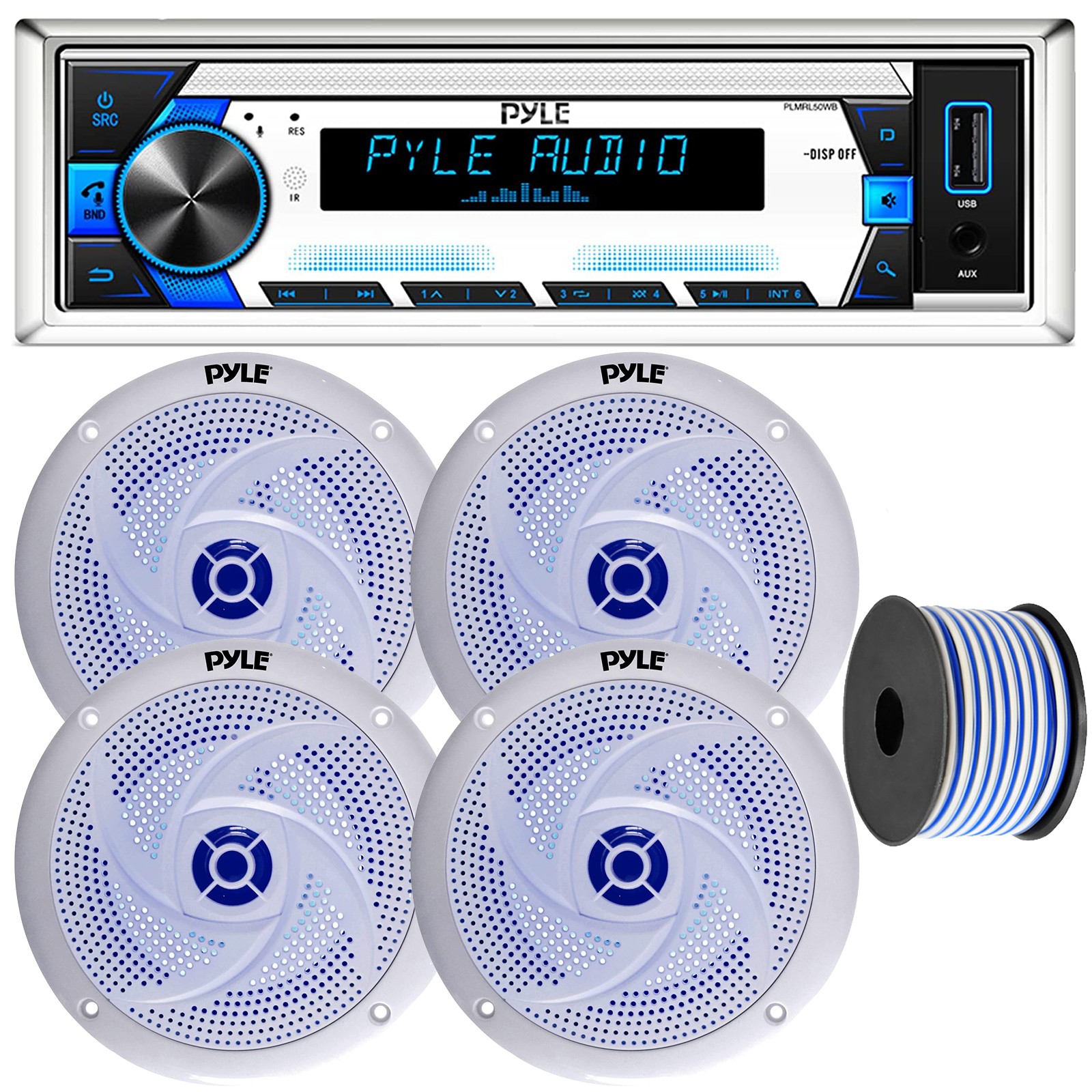 Pyle PLMRL50WB 1-Din Receiver + Remote, 4x 8″ 300W LED Speakers (White) + Wire