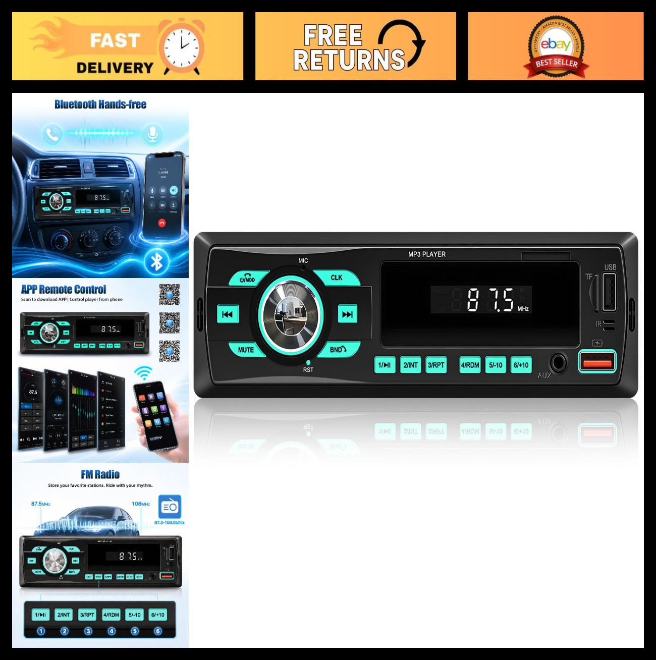 Bluetooth Car Stereo Single DIN – Dual USB, FM/MP3/SD/AUX, EQ, Quick Charge