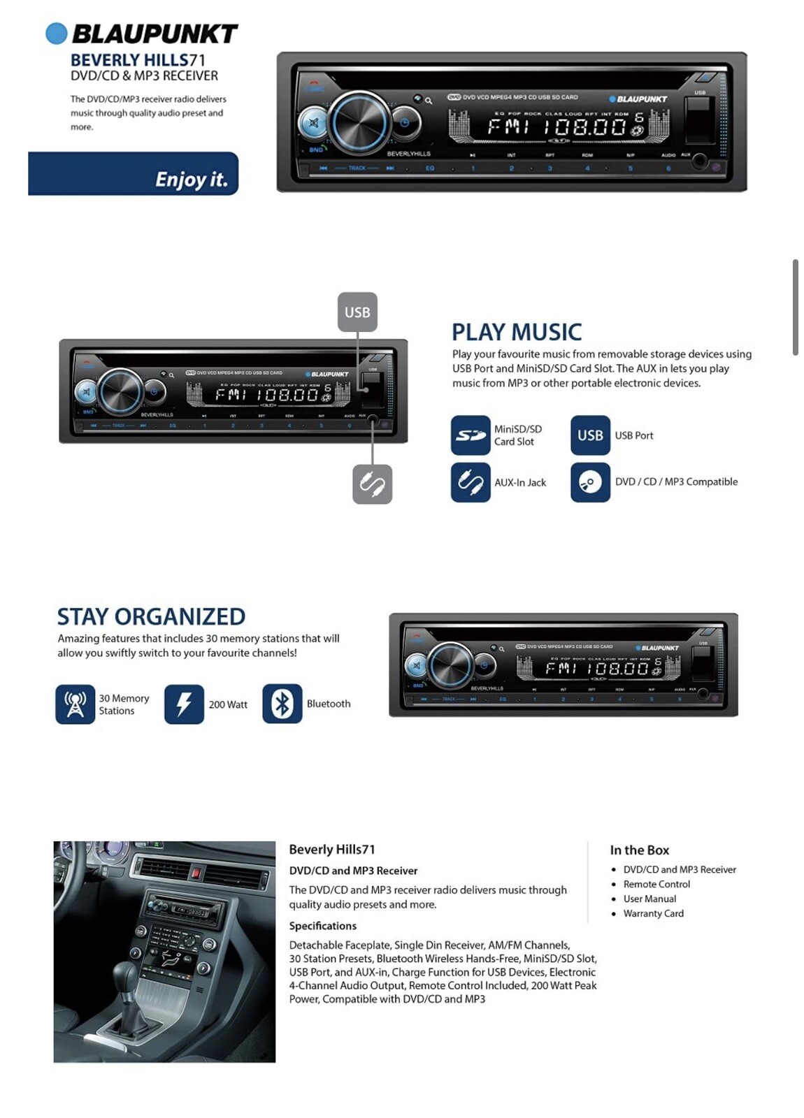 BLAUPUNKT BEVERLYHILLS71 Single DIN DVD & CD Car Stereo With Built IN Bluetooth