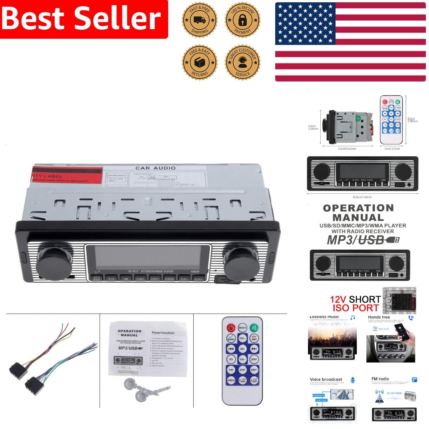 Digital Car MP3 Player 12V Bluetooth USB SD AUX FM Receiver Remote Control 240W