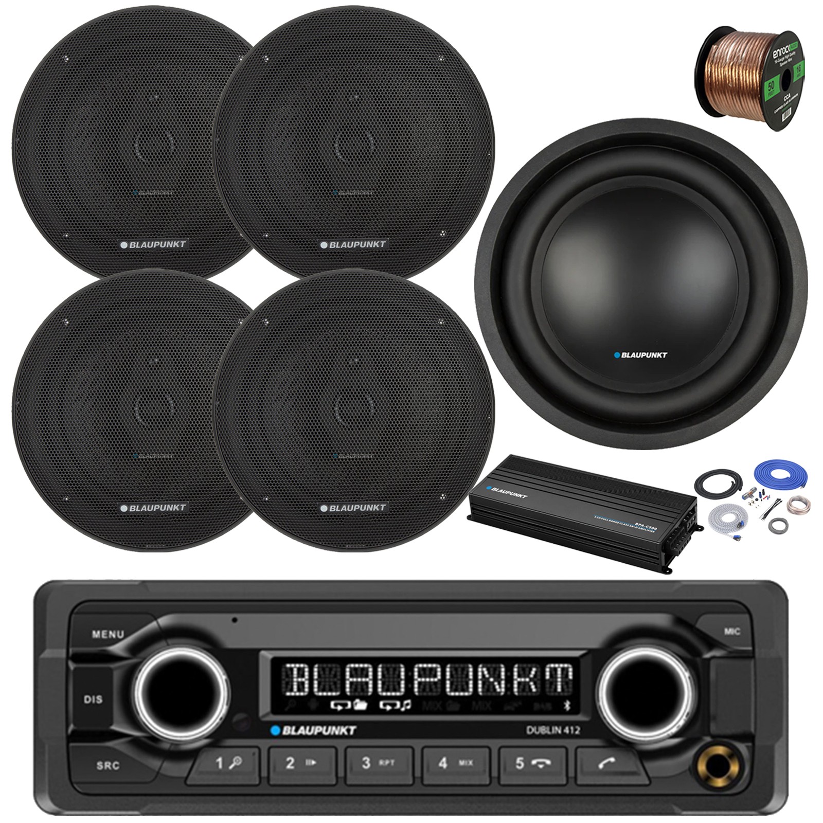 Blaupunkt Bluetooth MP3 Reciever, 4x 6.5″ Speakers, Amp w/Kit, 10″ Sub, Wire