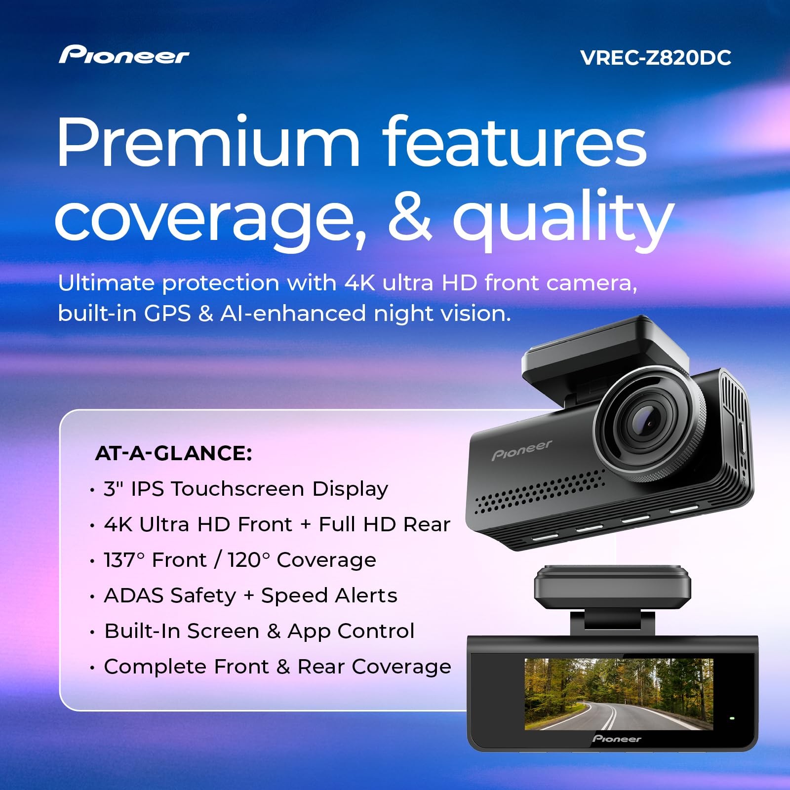 Pioneer VREC-Z820DC Dual Dash Cam Front and Rear Car Camera – Premium 4K Came…