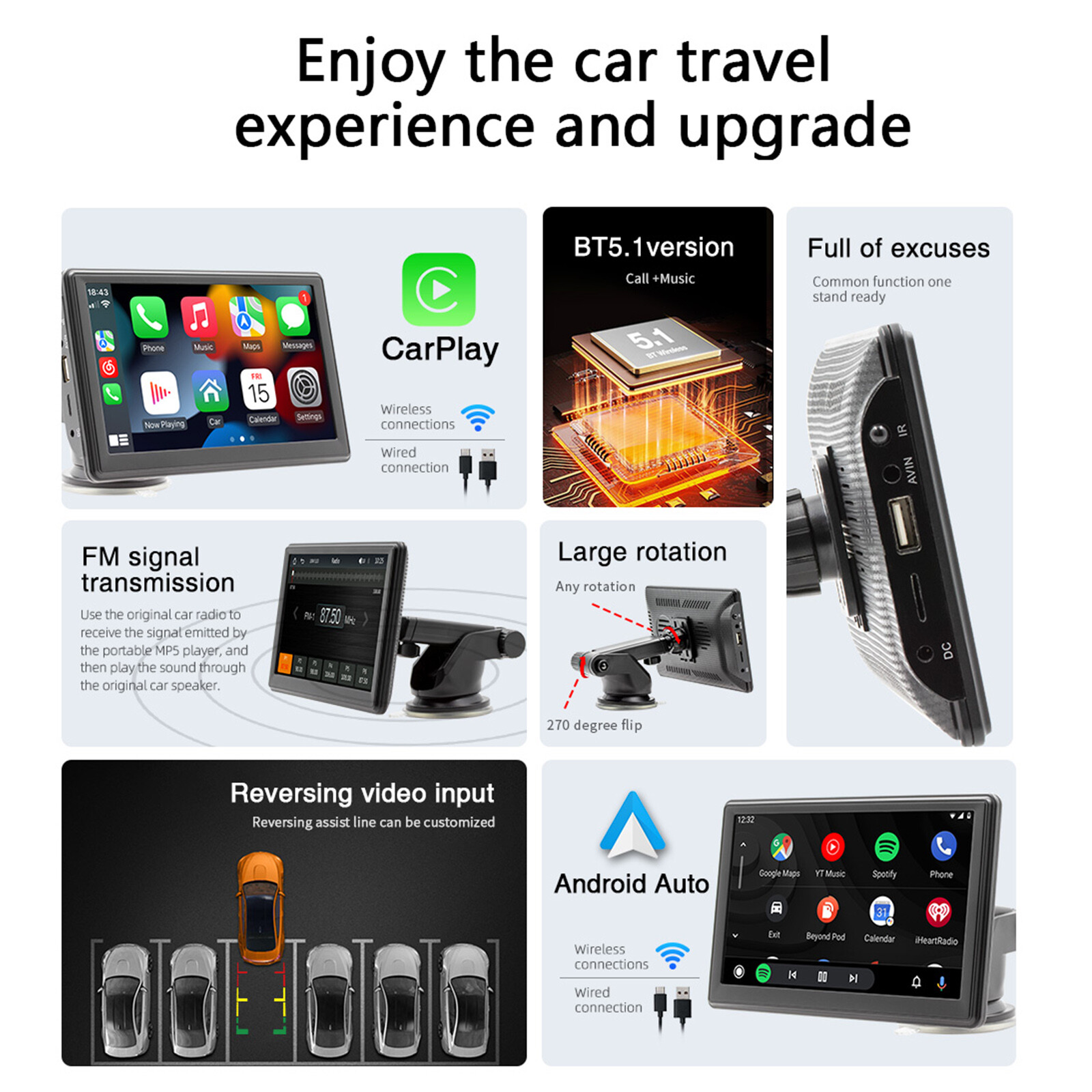 7″Portable Wireless Carplay Car MP5 Player Bluetooth Stereo Radio 4 LED Camera B