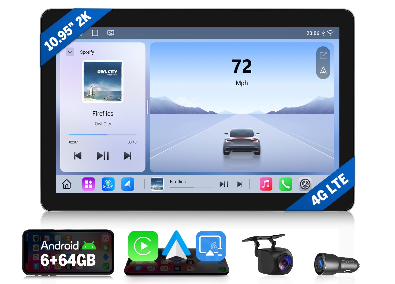 GPS Multimedia Player 10.95″ QLED Android Auto Single DIN Car Radio CarPlay WiFi