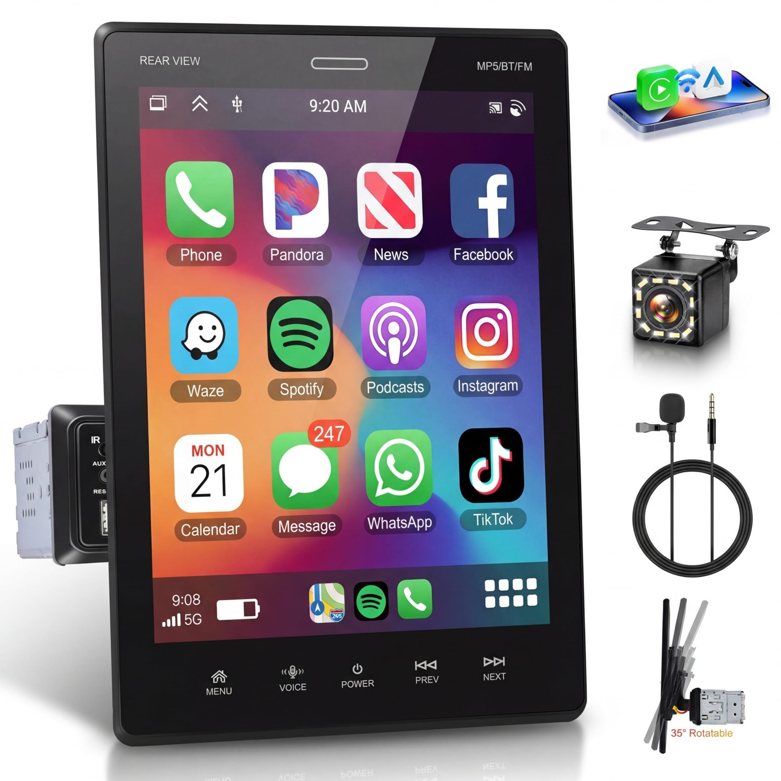 9.5″ Single Din Touchscreen Car Stereo, CarPlay & Android Auto, 1080P IPS, Bluet