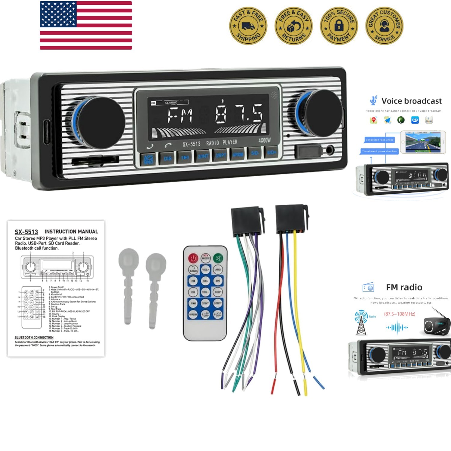 Classic 7″ Single Din Car Radio,Bluetooth Car Stereo, FM Radio,Car Audio Rece…