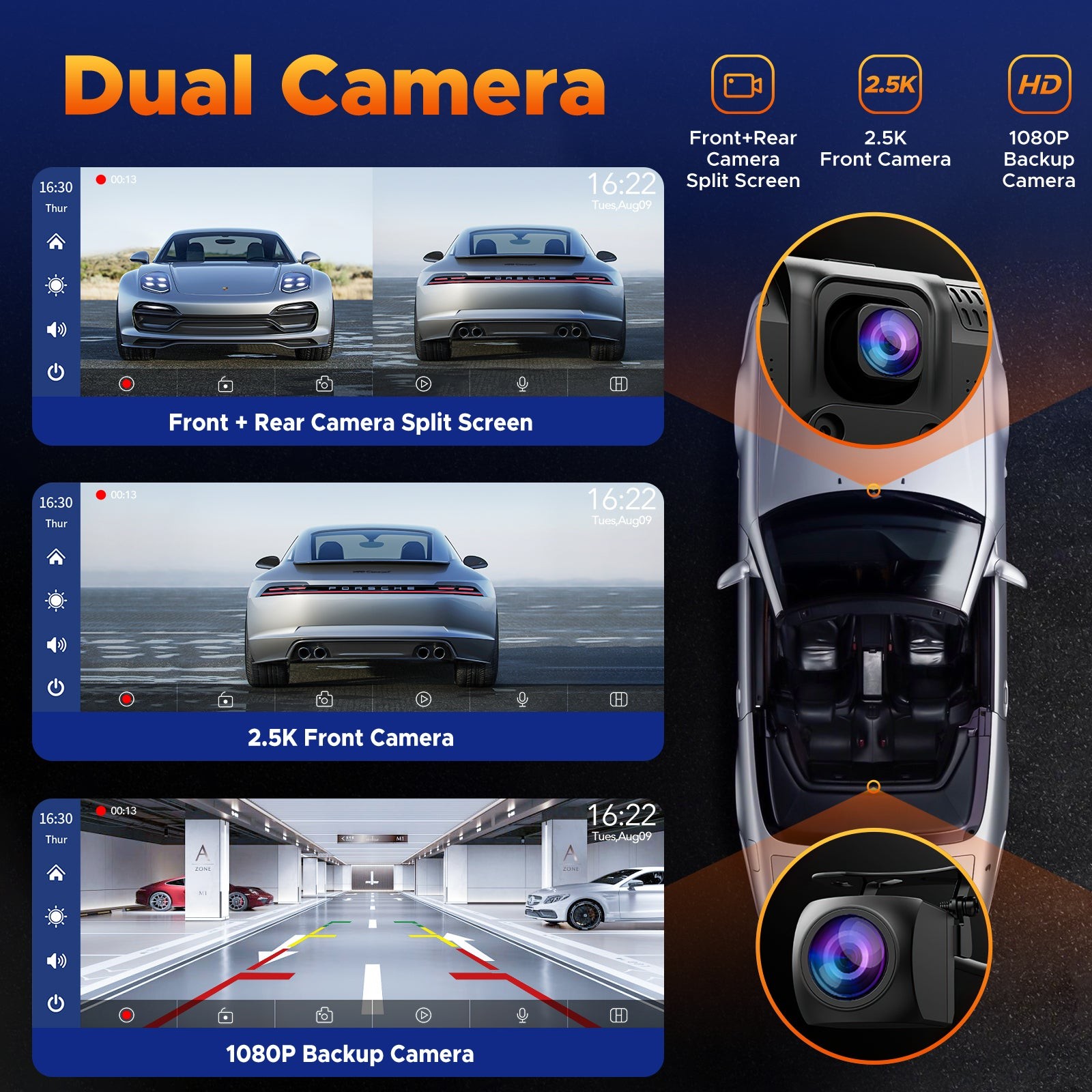 Universal Wireless Apple Carplay Portable Car Stereo Android Auto 2.5K Dash Cam