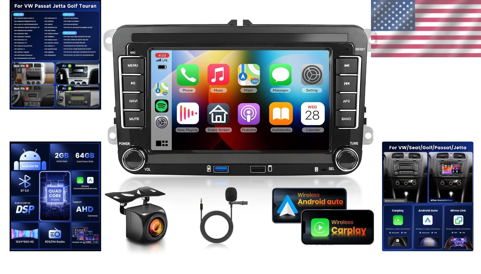 DSP 2G+64G Car Stereo with 7-Inch Touch Screen for VW Models & Safety Features