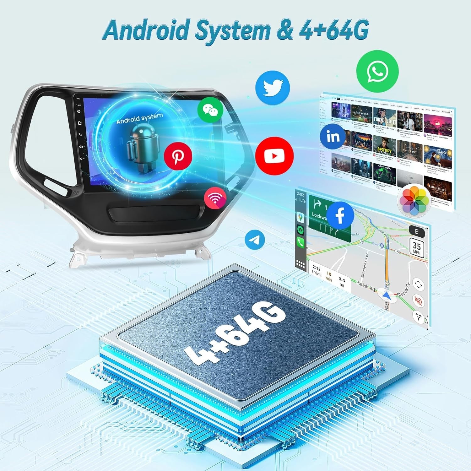 10.1″ 4+64G Android Auto Carplay Stereo for Jeep Cherokee 2013-2018; Free Camera