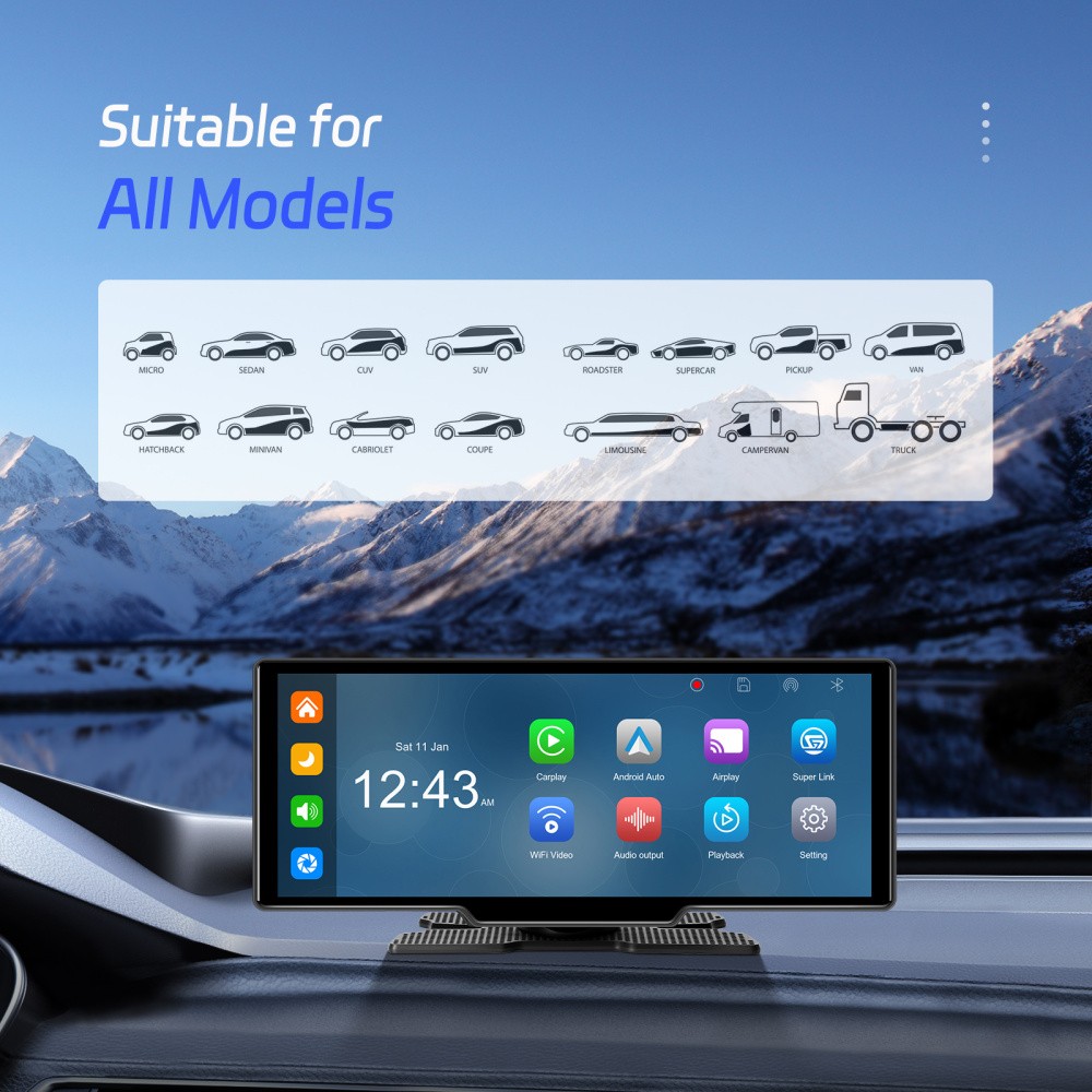 10.26″ Wireless Carplay Multimedia Smart Screen Player Android 15 Navi GPS CAM