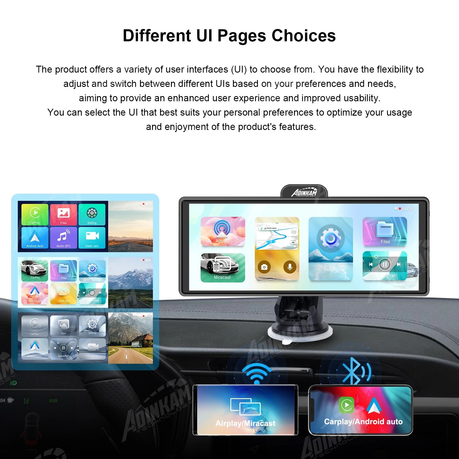 Portable Carplay screen for car with wireless carplay, android auto, bluetooth,