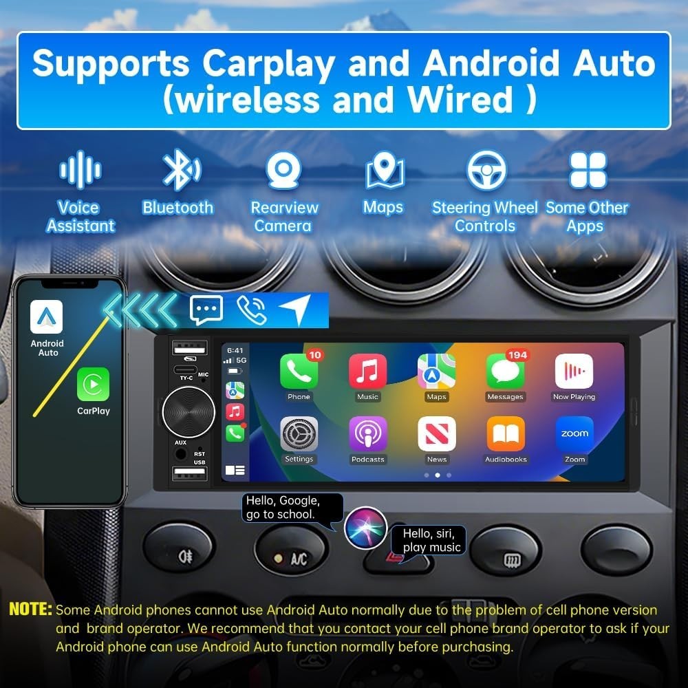 Single Din Car Stereo Universal, 6.36 Inch CarPlay & Android Auto IPS Touchsc…