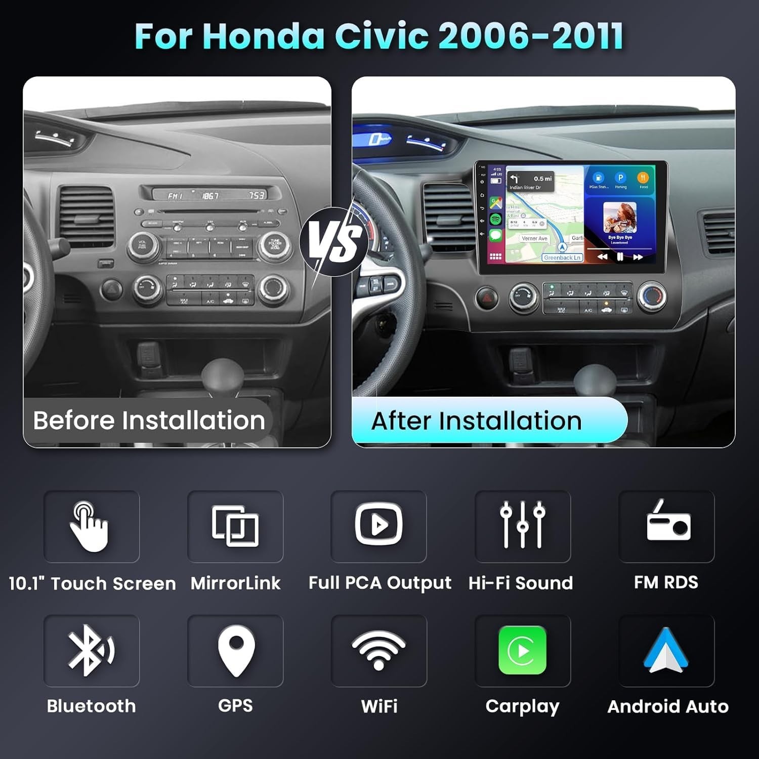 Podofo Radio for Honda Civic 2006 2007 2008 2009 2010 2011 Car Stereo with Wi…
