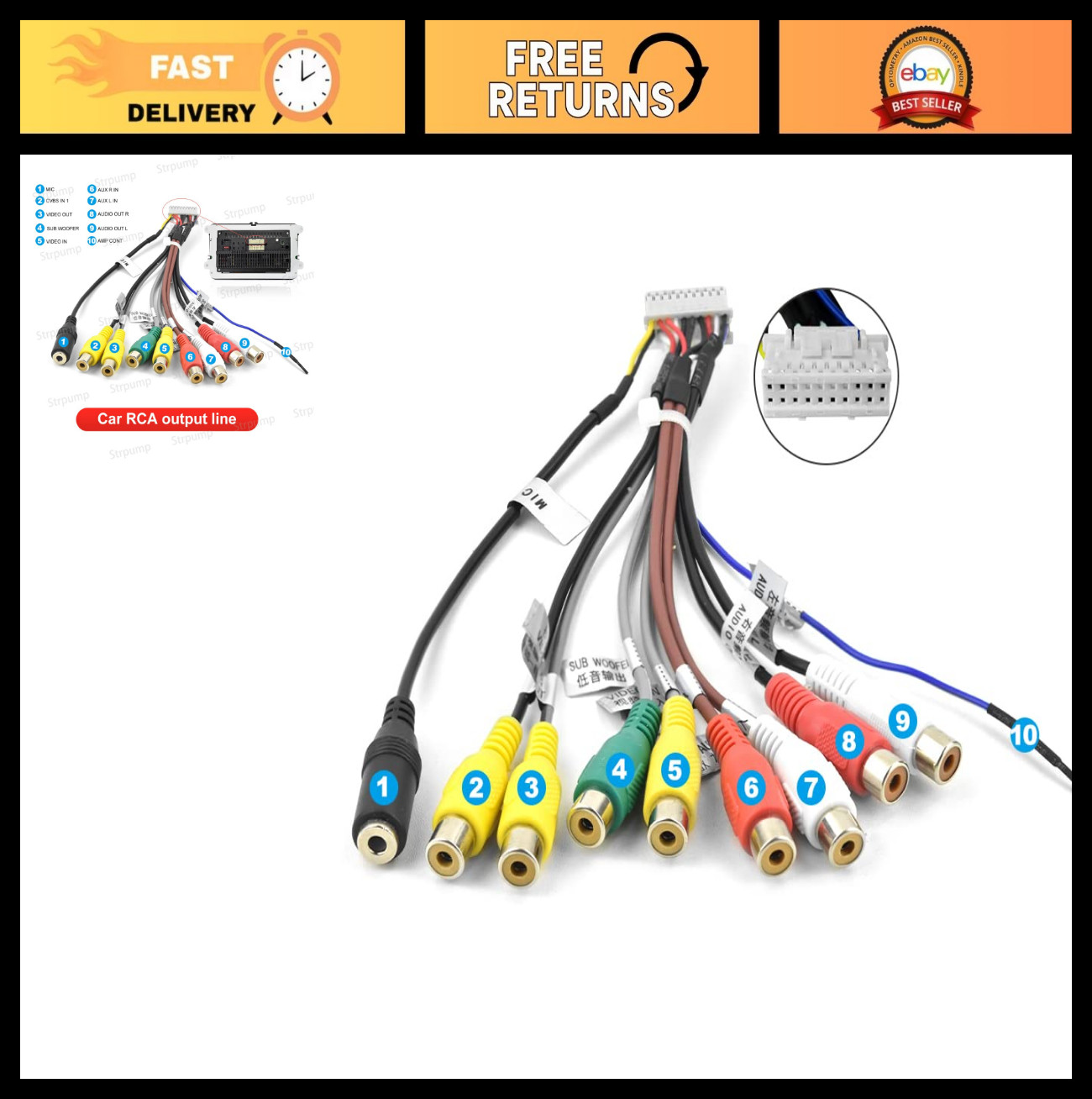 20PIN RCA Audio Video Cables for Car Radio Stereo, Subwoofer Output & Mic Input