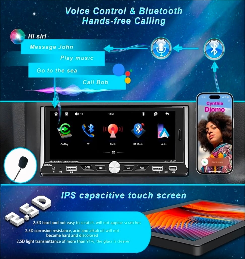 Single Din Car Radio Compatible with Wireless Apple CarPlay,6.9”Car StereoIPS
