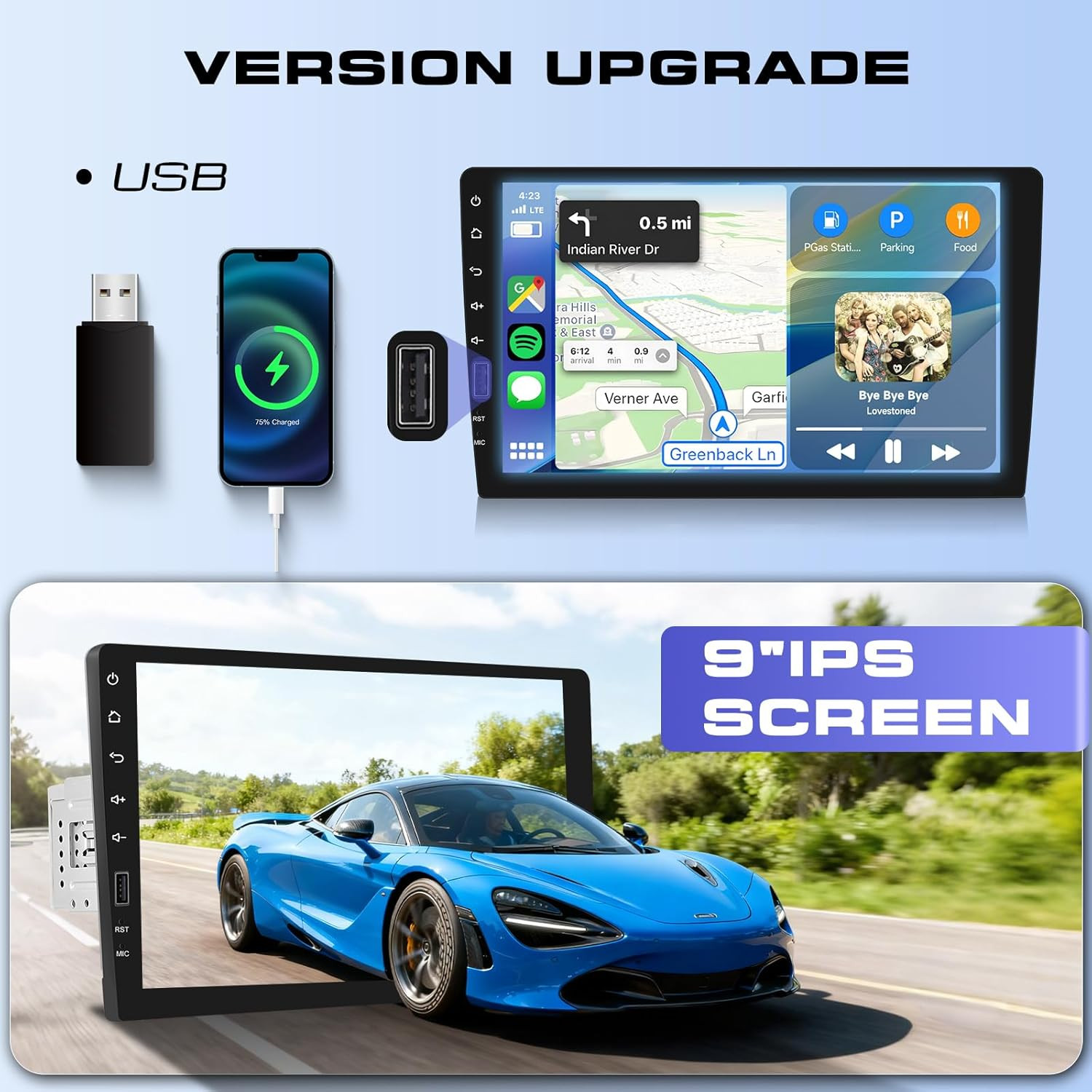 Single Din Car Stereo with 9 Inch IPS Touch Screen, Wireless Carplay & Android A