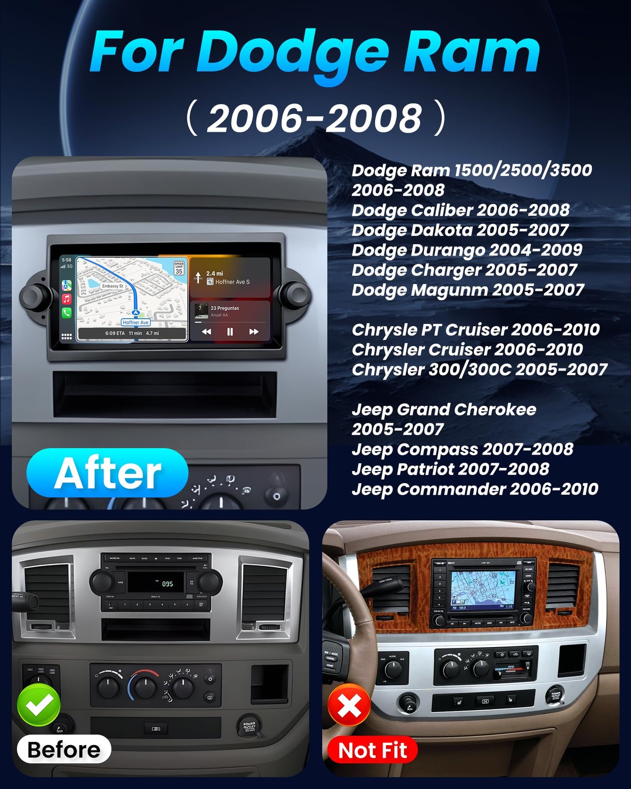 4Core Car Radio for Dodge Ram 2006-2008, Chrysler 300, Jeep, GPS & Bluetooth