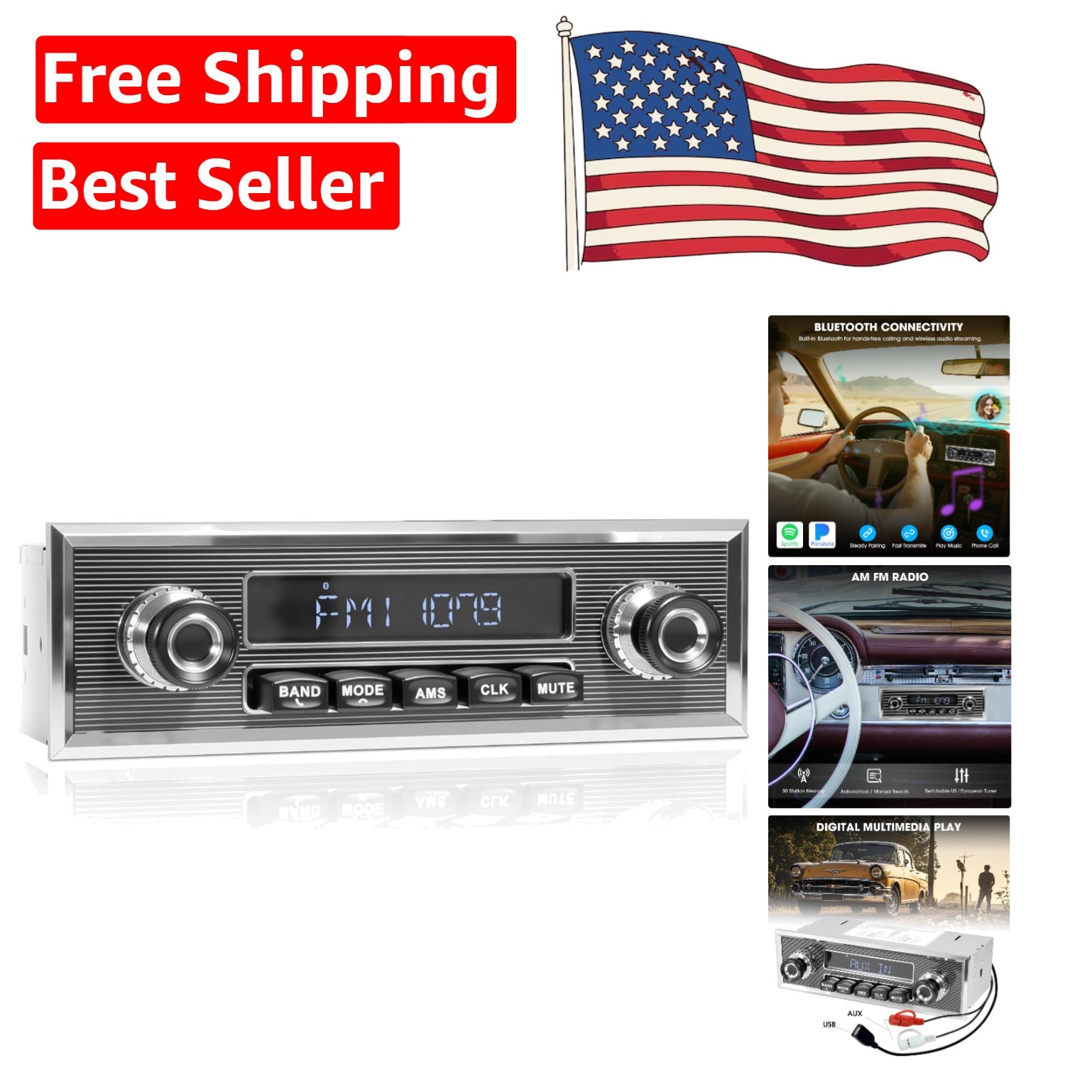 Retro Style Bluetooth Radio for Classic Vehicles: 300W Power & Easy Installation