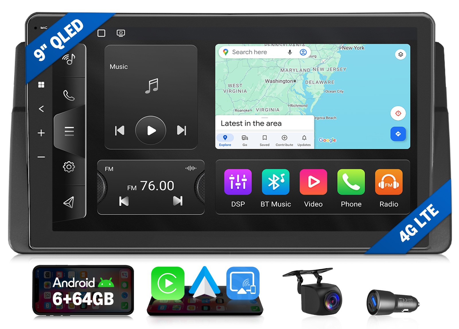 Android Auto 9″ QLED 6+64GB Car Stereo for BMW E46 M3 CarPlay GPS Navigation DSP