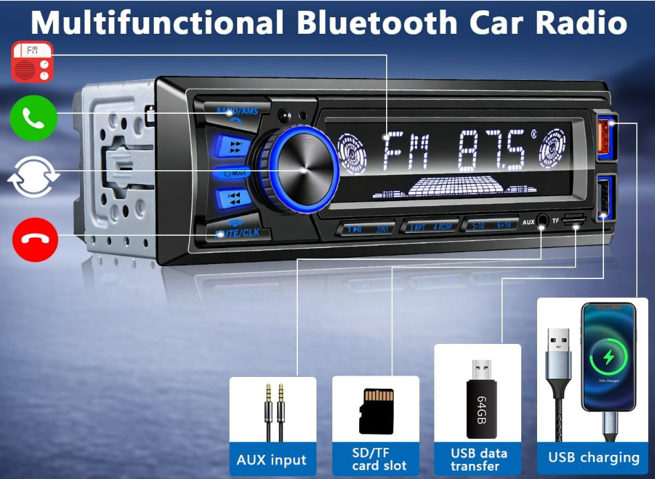 Autoradio Bluetooth Single DIN con doble USB, app, FM y 7 colores LED RGB. Nuevo