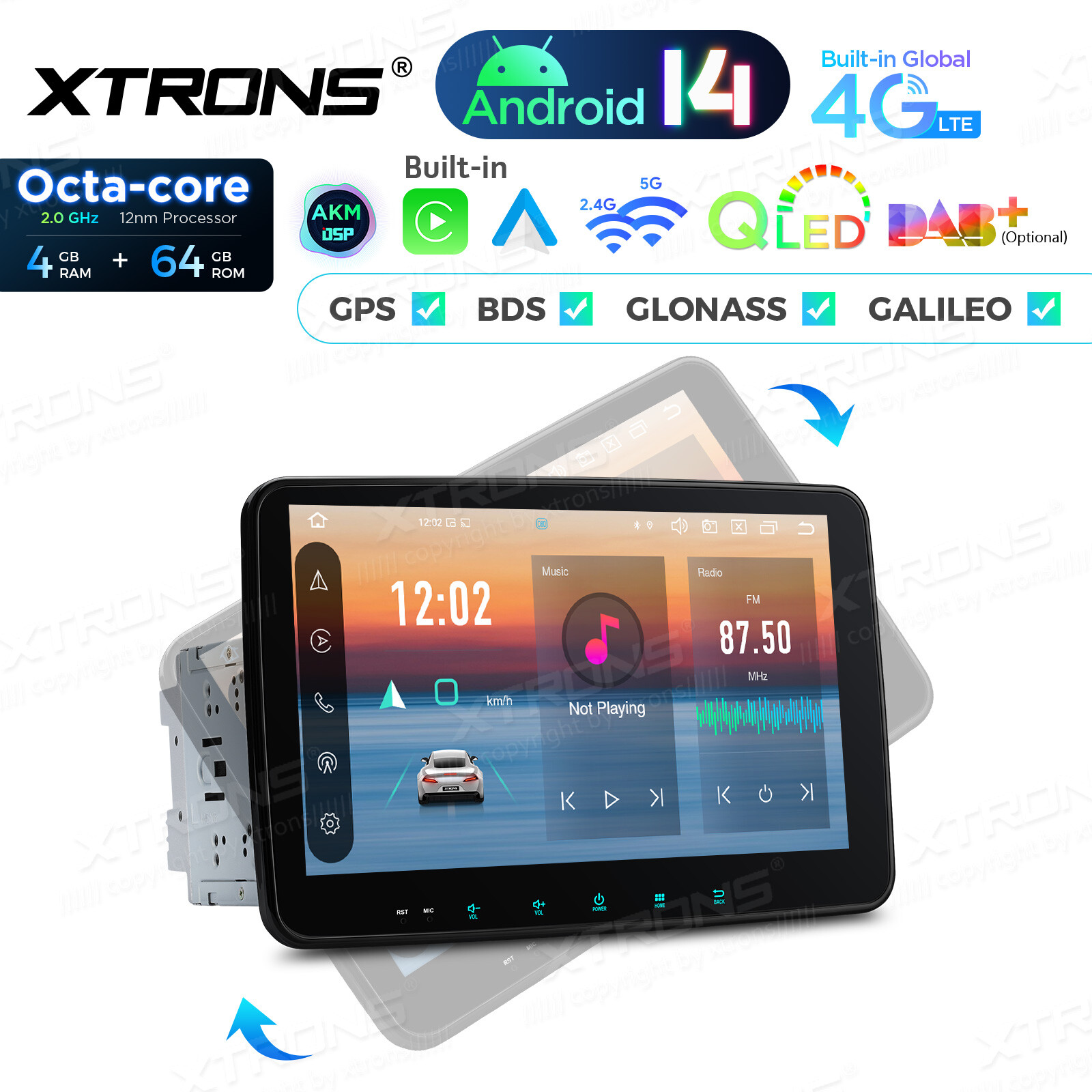 XTRONS 2-DIN 10.1″ Android 14 Car GPS Stereo 8-Core 4+64GB Radio BT5.0 WiFi 4G