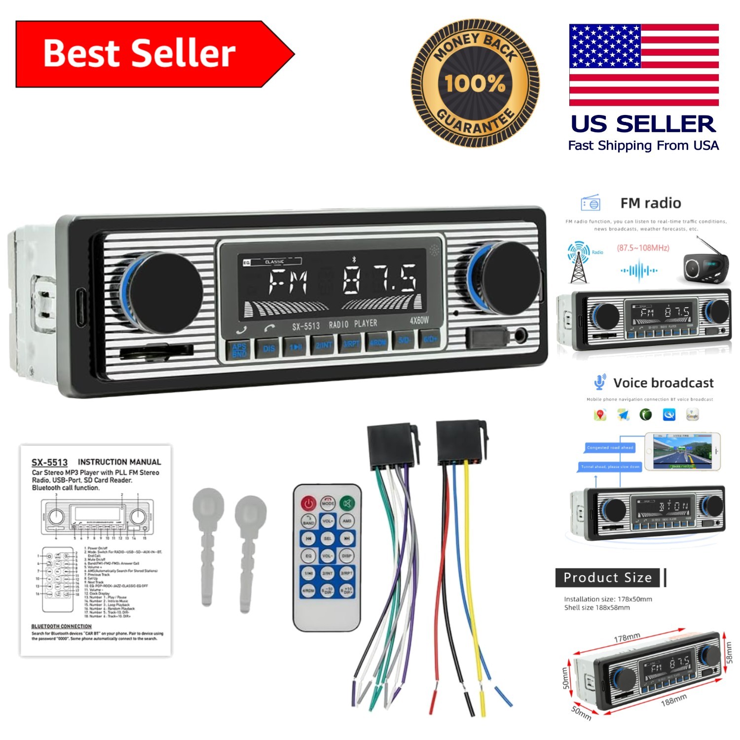 Classic 7-Inch Bluetooth Car Audio Receiver – Voice Control & USB/AUX Support