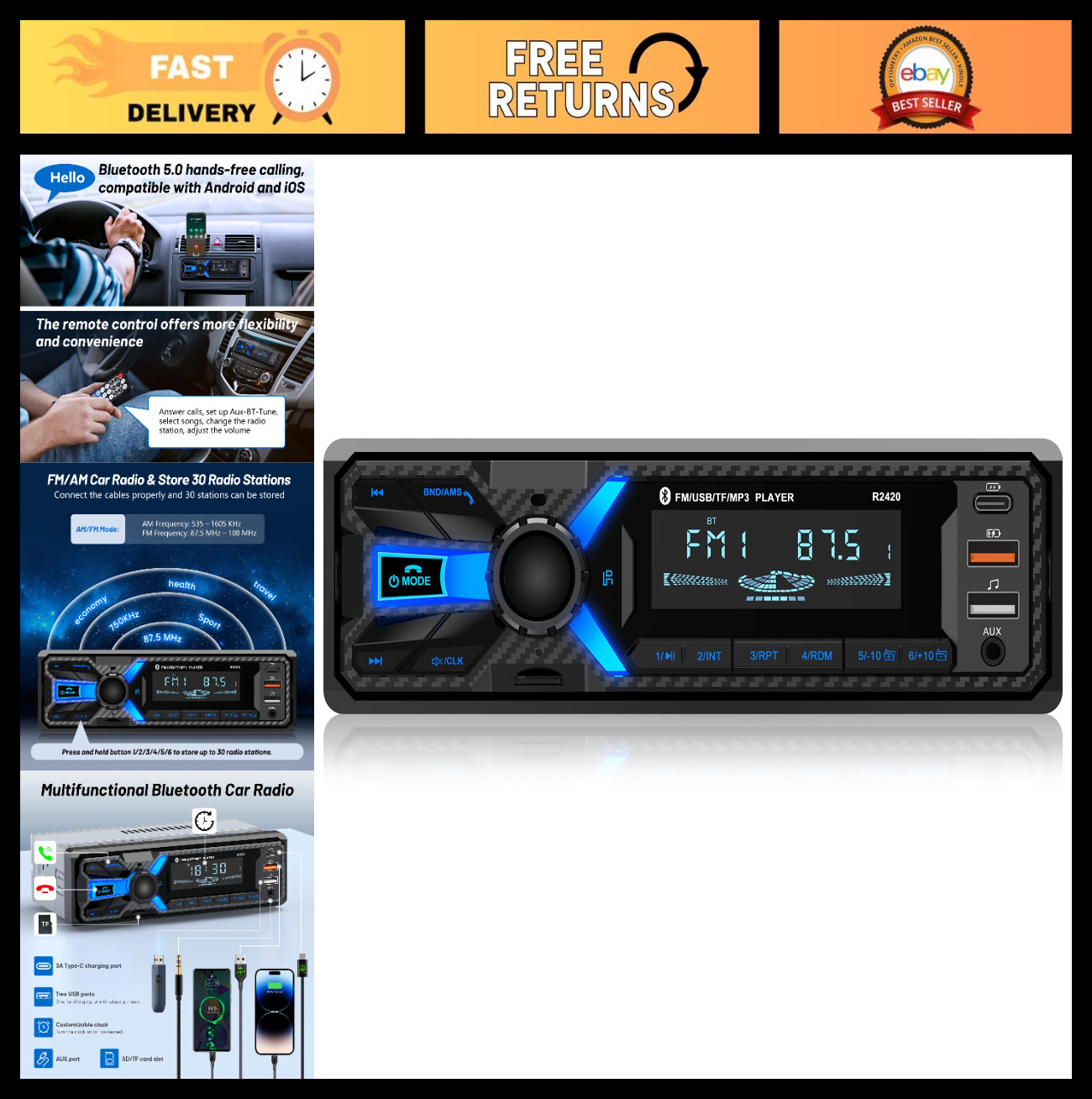 Bluetooth Car Stereo Radio – Single Din FM/AM, USB/AUX/SD, MP3 Player, Hands-Fre