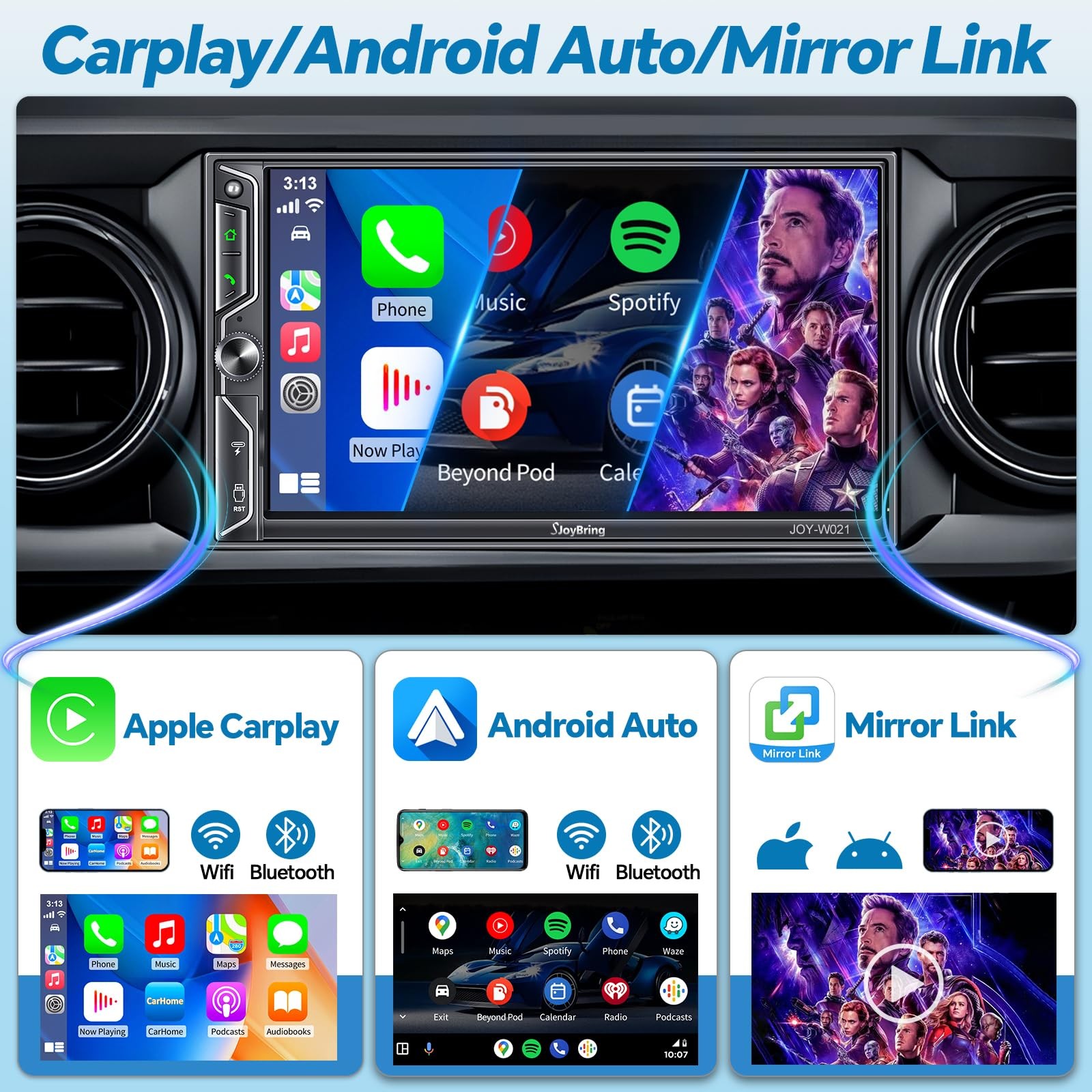7″ QLED Double Din Car Stereo Compatible with Wireless Apple CarPlay & Android