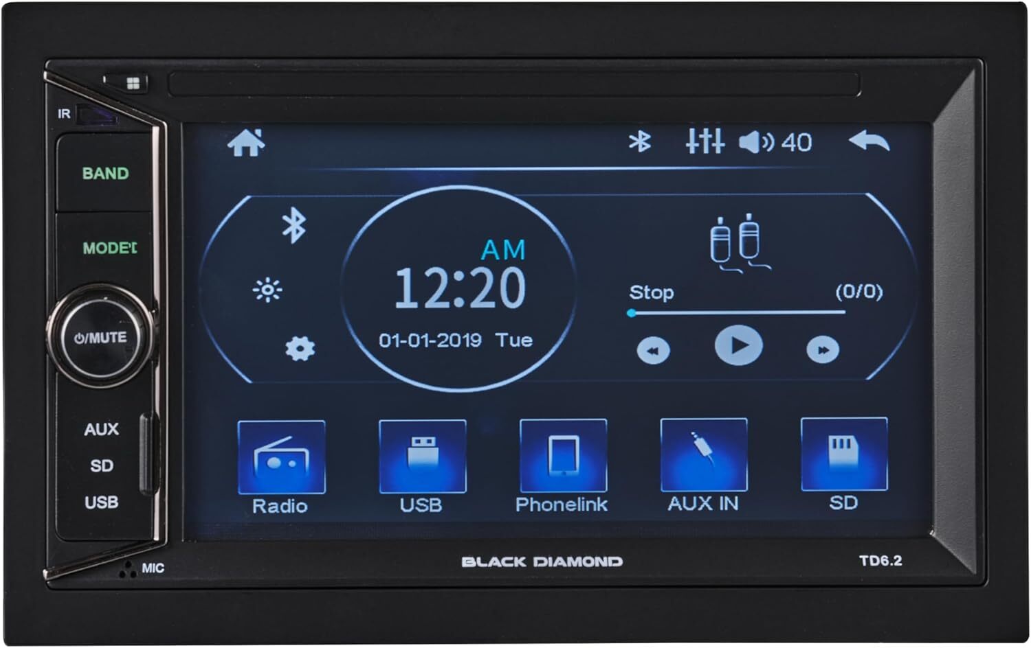 BLACK DIAMOND 6.2″ Mechless Touch Screen Double Din Car Stereo Radio with BT