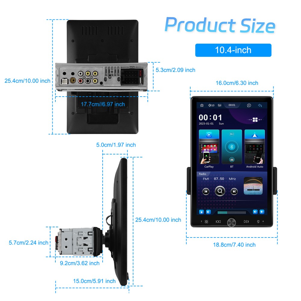 10.4″ Single 1DIN Wireless Apple CarPlay Car Stereo Rotatable Touch Screen Radio