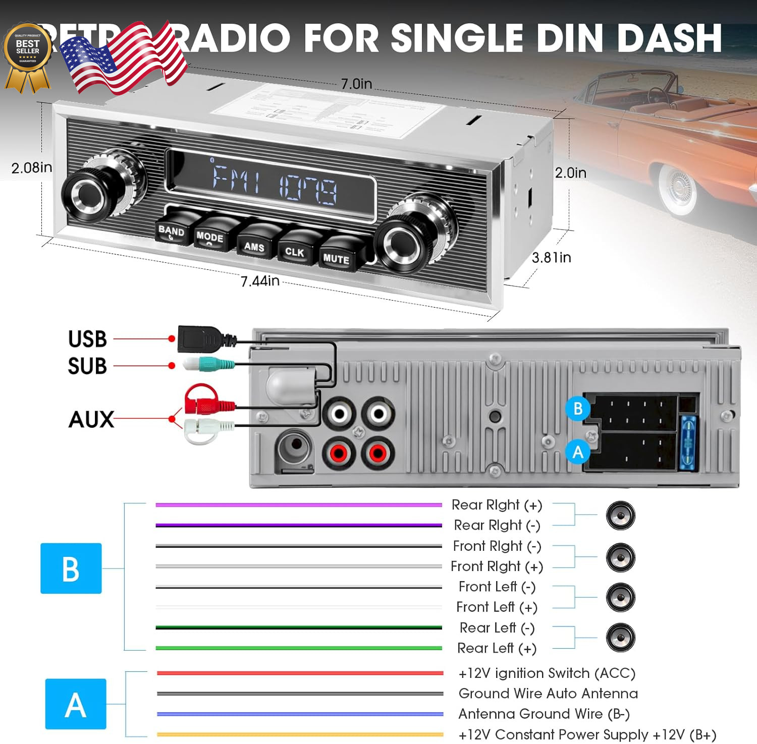 Retro Car Radio Receiver with Bluetooth: Single Din Vintage Stereo for Classic V