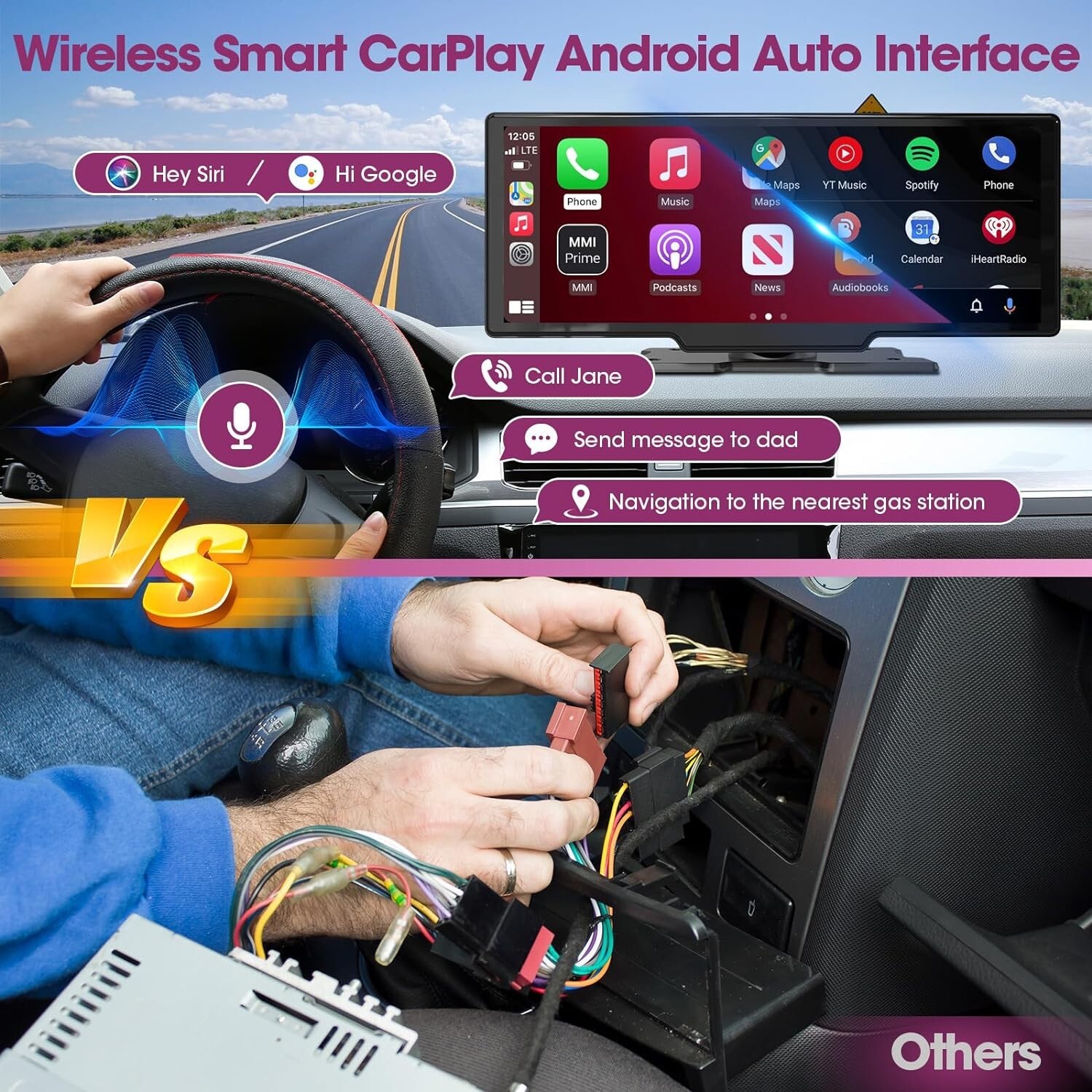 Wireless CarPlay 10.26″ Touchscreen Dash Mount Android Car Stereo 2.5K Dash Cam