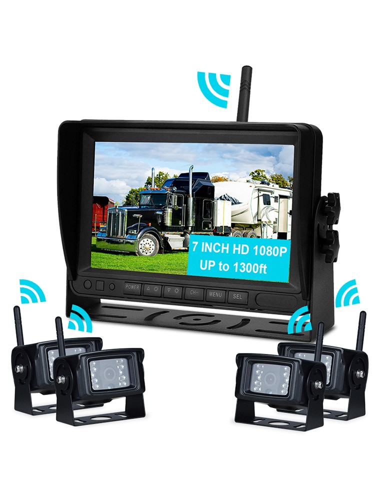 7″ Display Wireless AHD 1080P 4CH Rear View Backup Camera Kit for Truck Trailer
