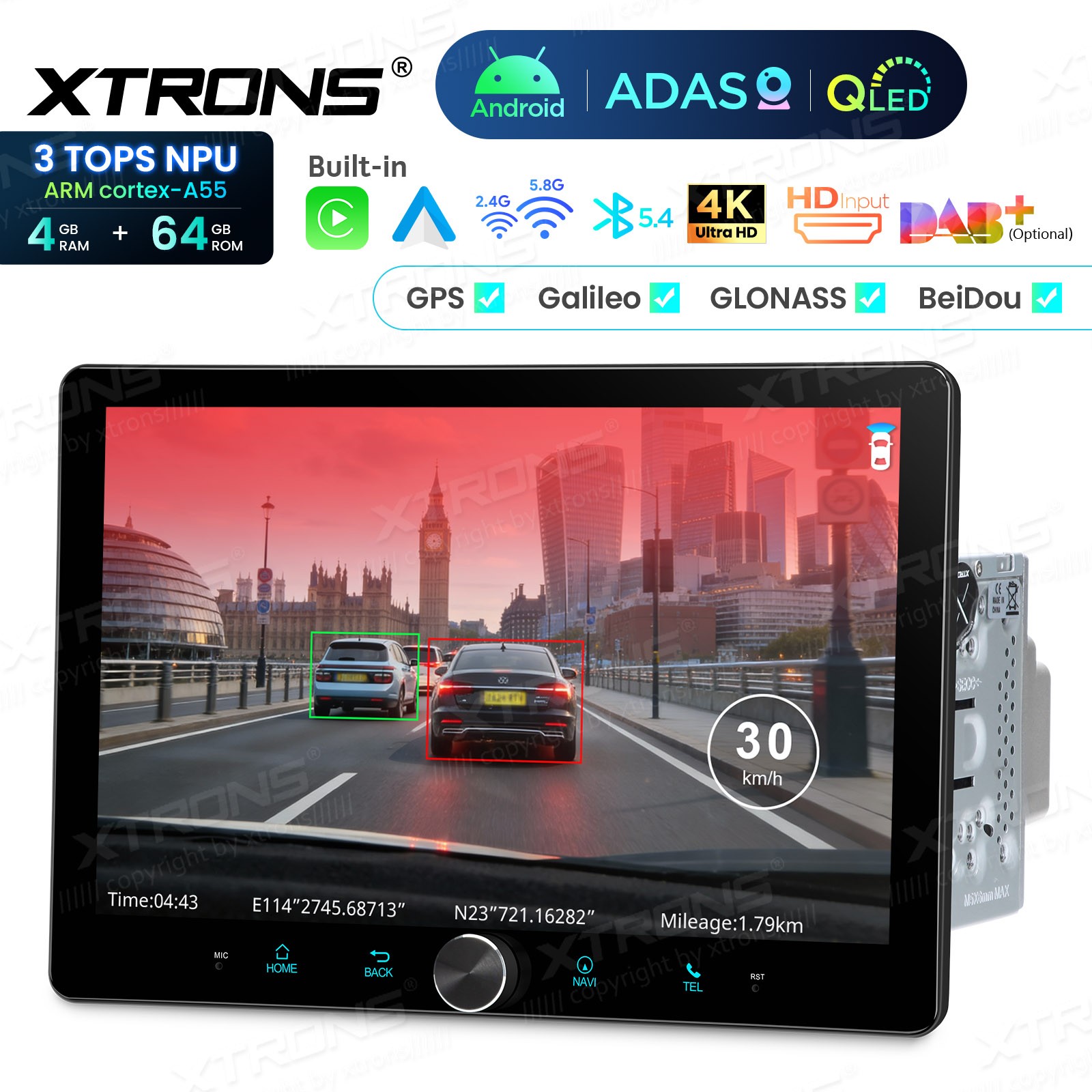 10.1″ QLED 2 DIN AI NPU Android 14 Car Radio Stereo 4+64G CarPlay ADAS Dash CAM
